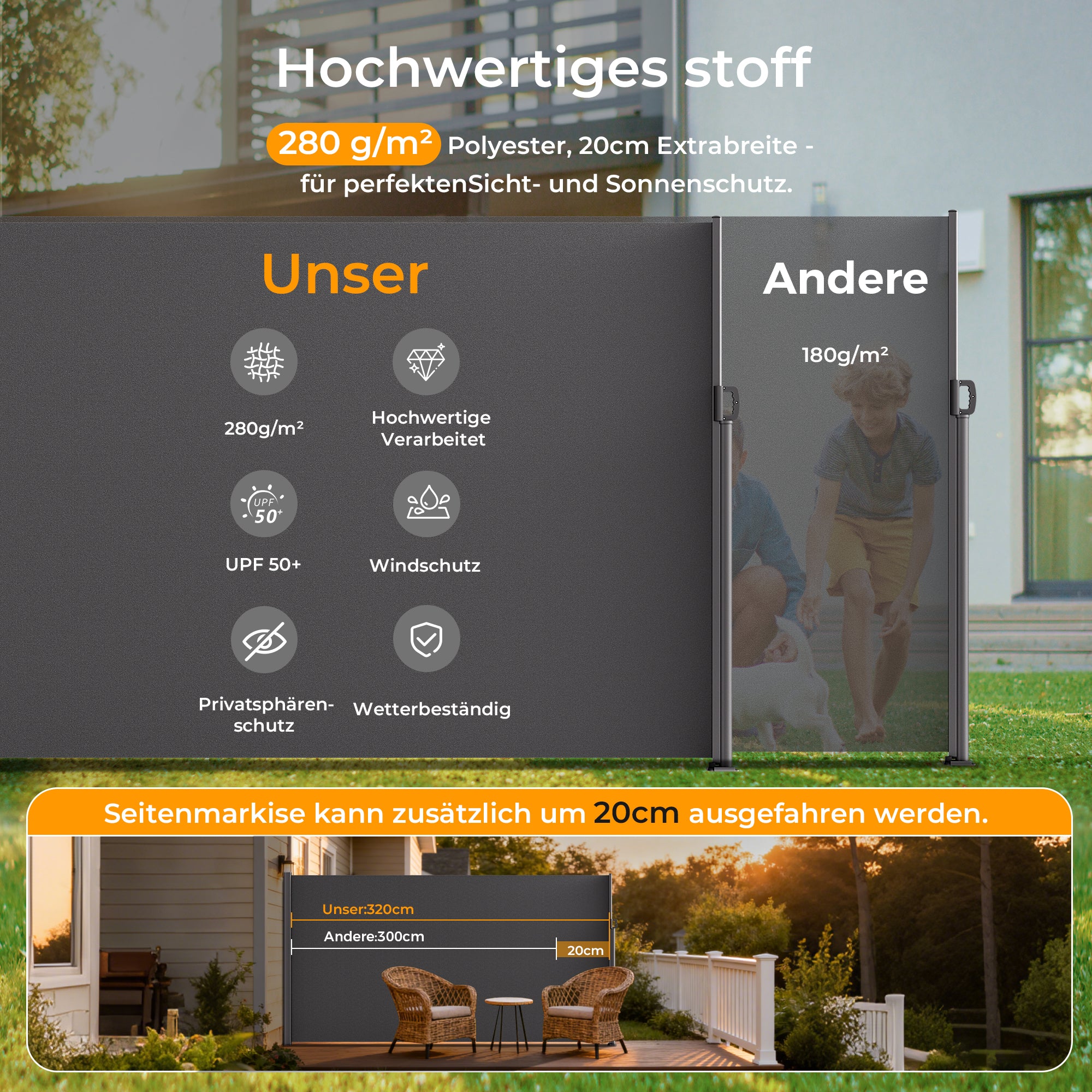 HOMEDEMO Alu-Seitenmarkise ausziehbar,Sichtschutz Sonnenschutz Markise, Windschutz Wasserdicht Seitenzugmarkise