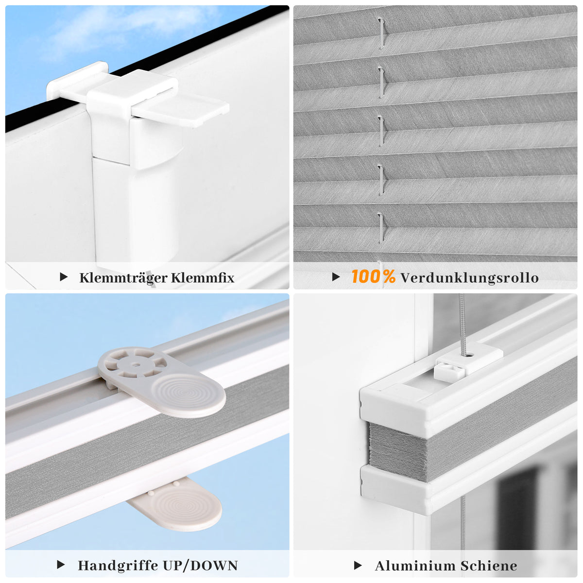 HOMEDEMO Plissee ohne Bohren verdunkelung, Thermo Plisseerollo Klemmfix, Hellgrau