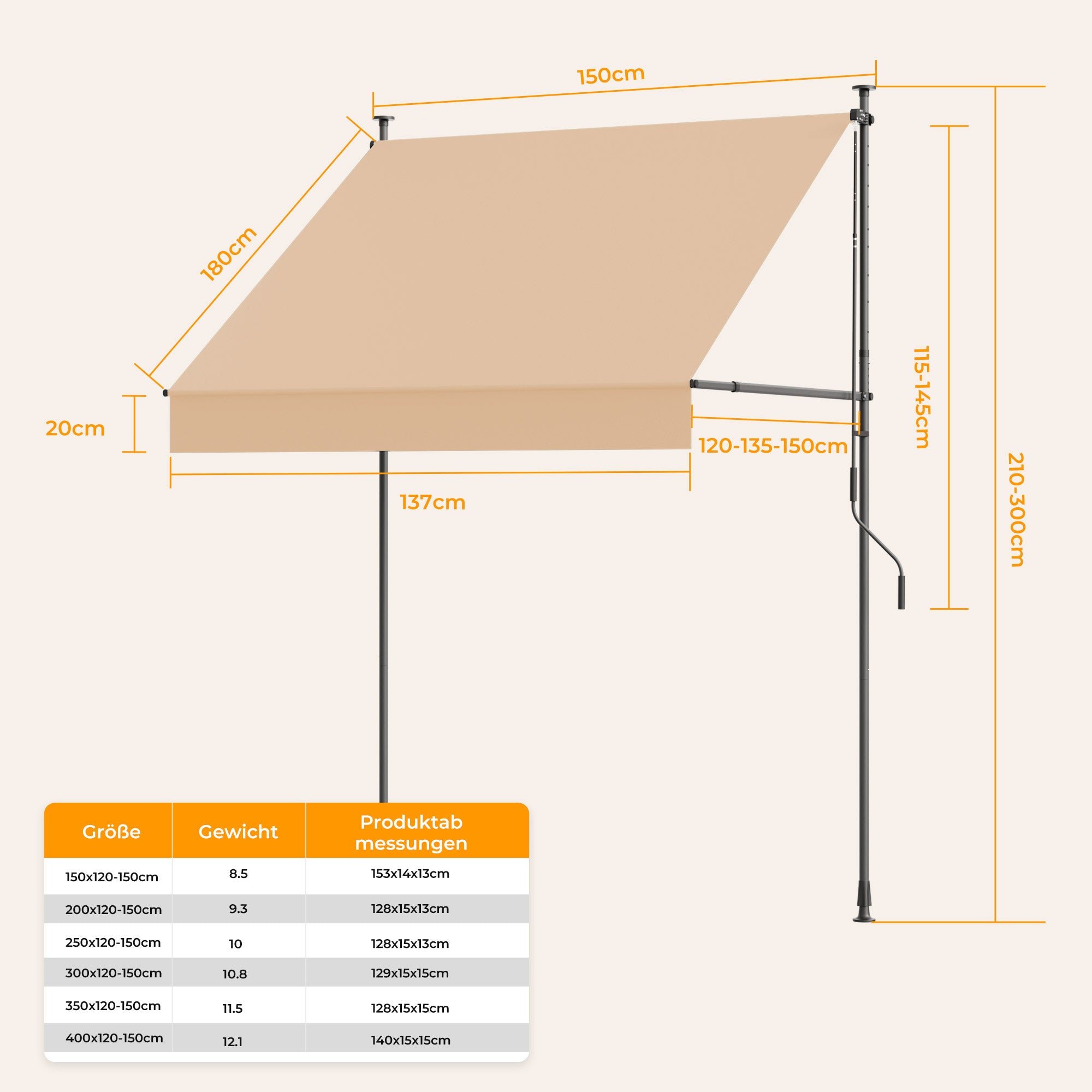 Einziehbare Klemmmarkise für Balkon mit Handkurbel manuell