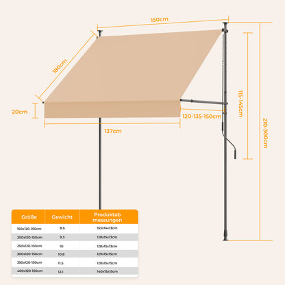 Einziehbare Klemmmarkise für Balkon mit Handkurbel manuell