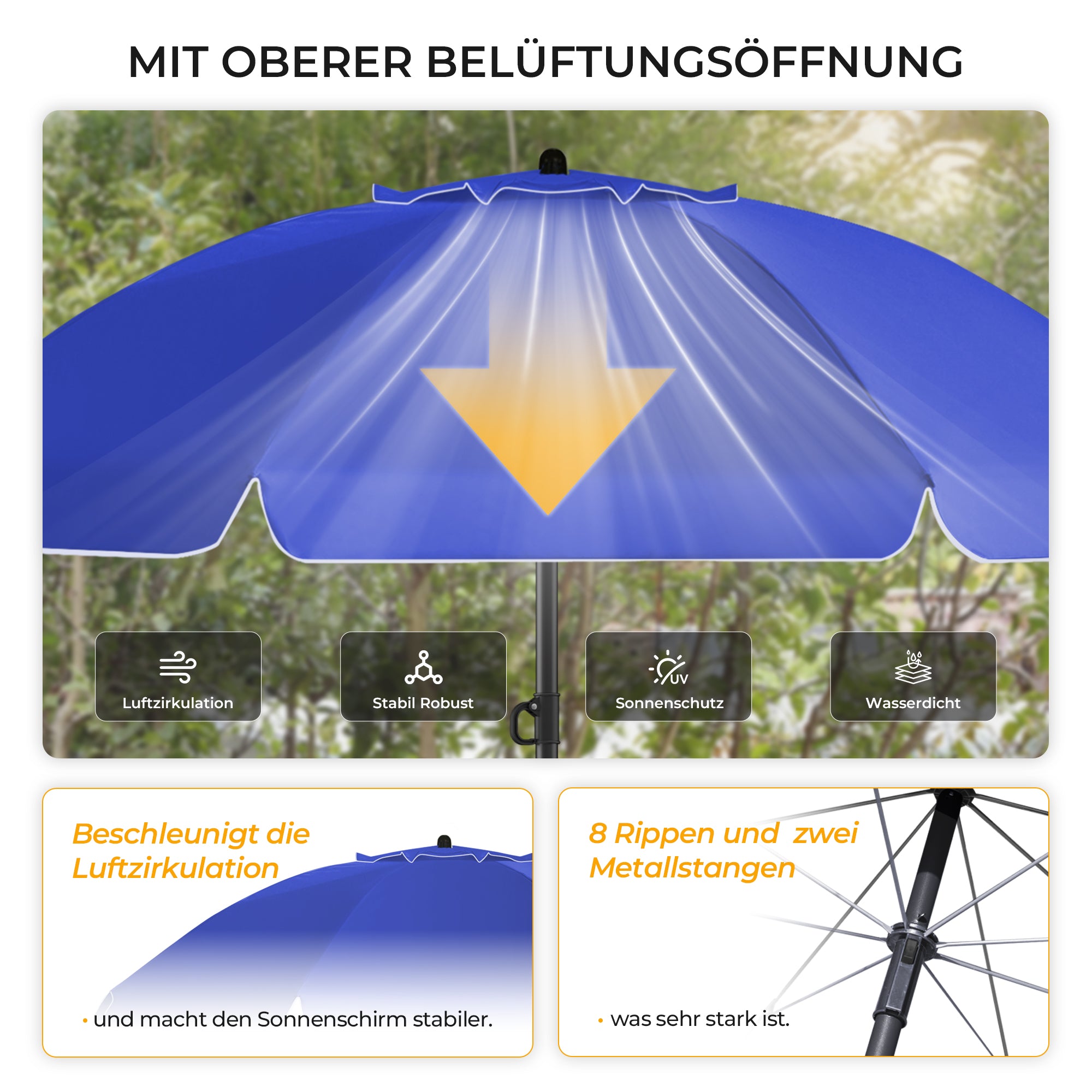 HOMEDEMO Sonnenschirm Strandschirm mit Bodenhülse, Gartenschirm Marktschirm,UV50+