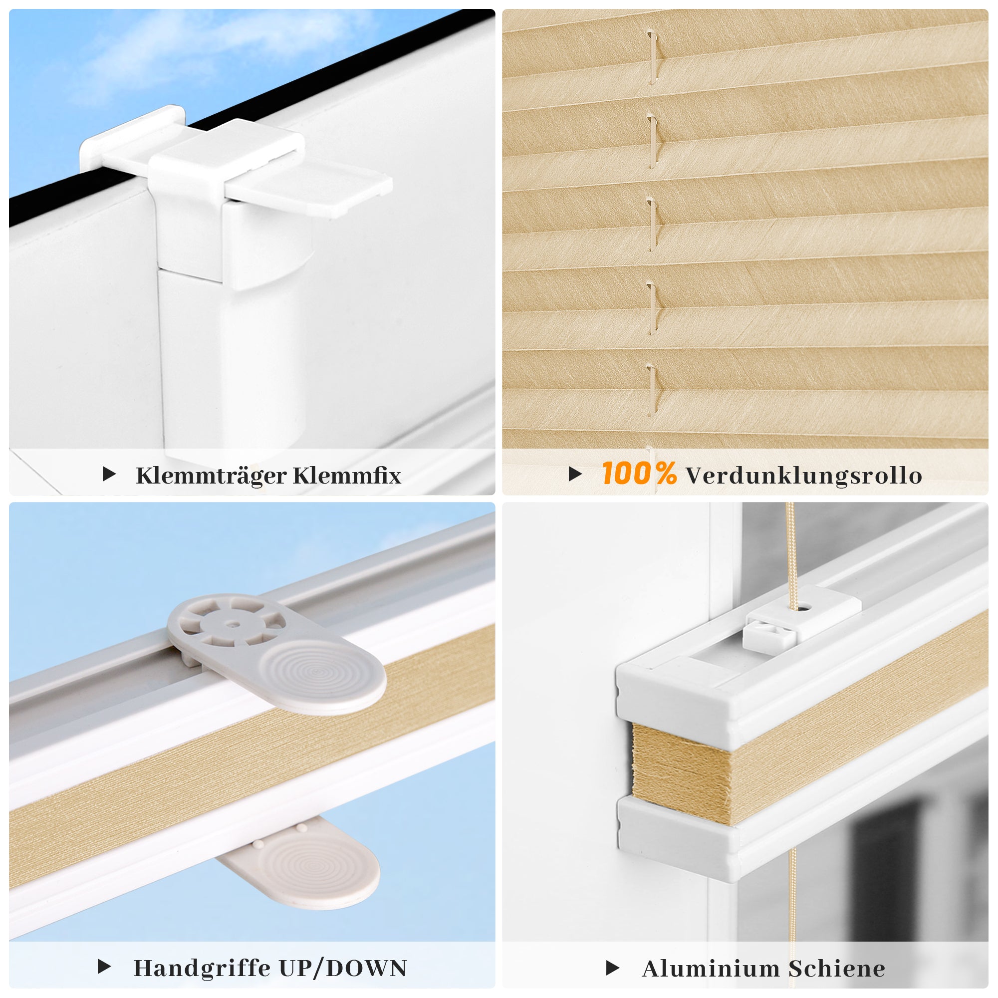 HOMEDEMO Plissee ohne Bohren verdunkelung, Thermo Plisseerollo Klemmfix, Hellbeige