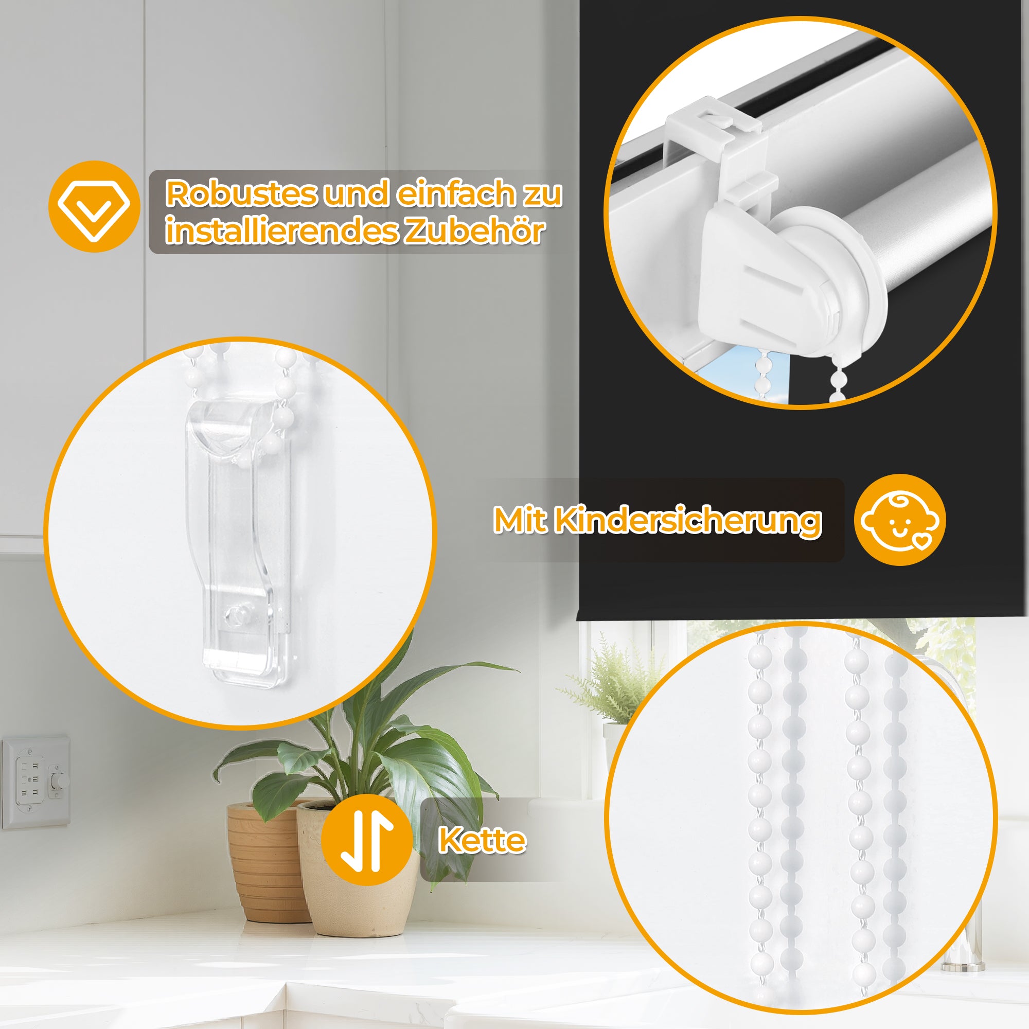 HOMEDEMO Verdunklungsrollo ohne Bohren-Weiß-Creme-Schwarz