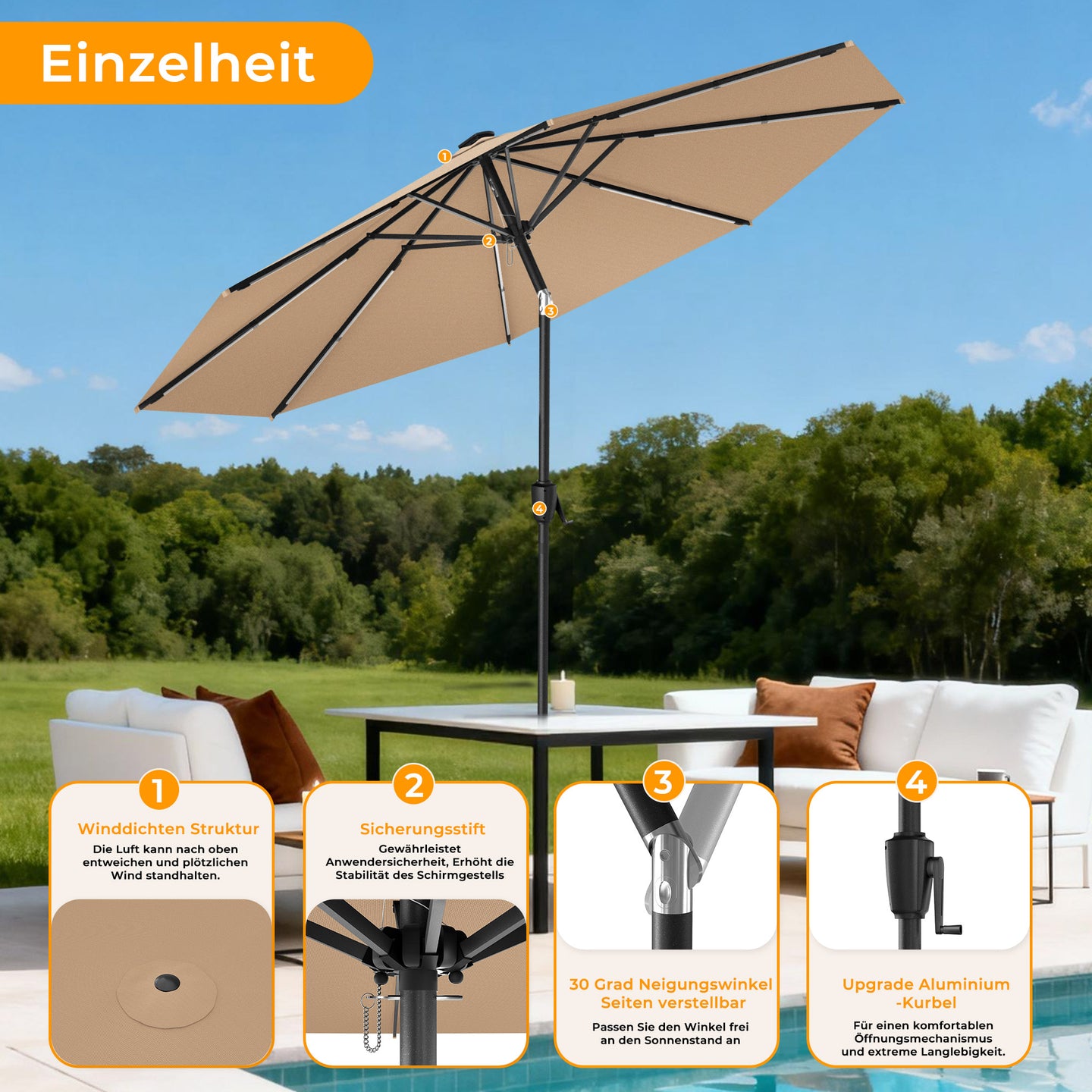 HOMEDEMO  Groß Garten Sonnenschirme mit Kurbel und LED-Licht