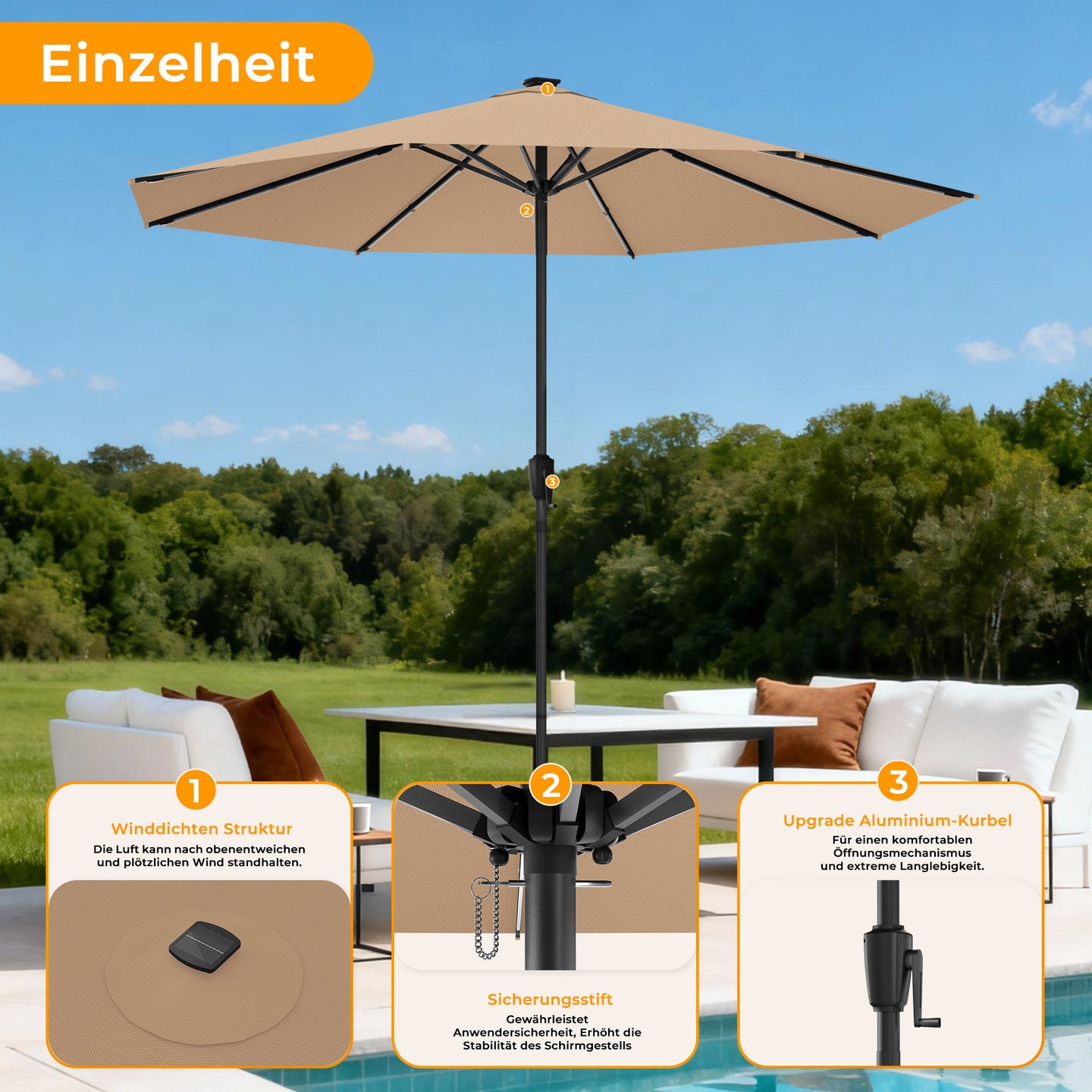 HOMEDEMO LED Gartenschirm mit Kurbel