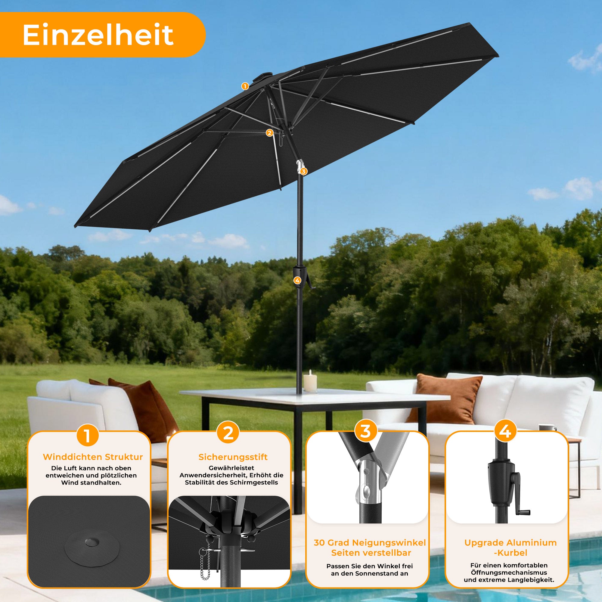 HOMEDEMO  Groß Garten Sonnenschirme mit Kurbel und LED-Licht