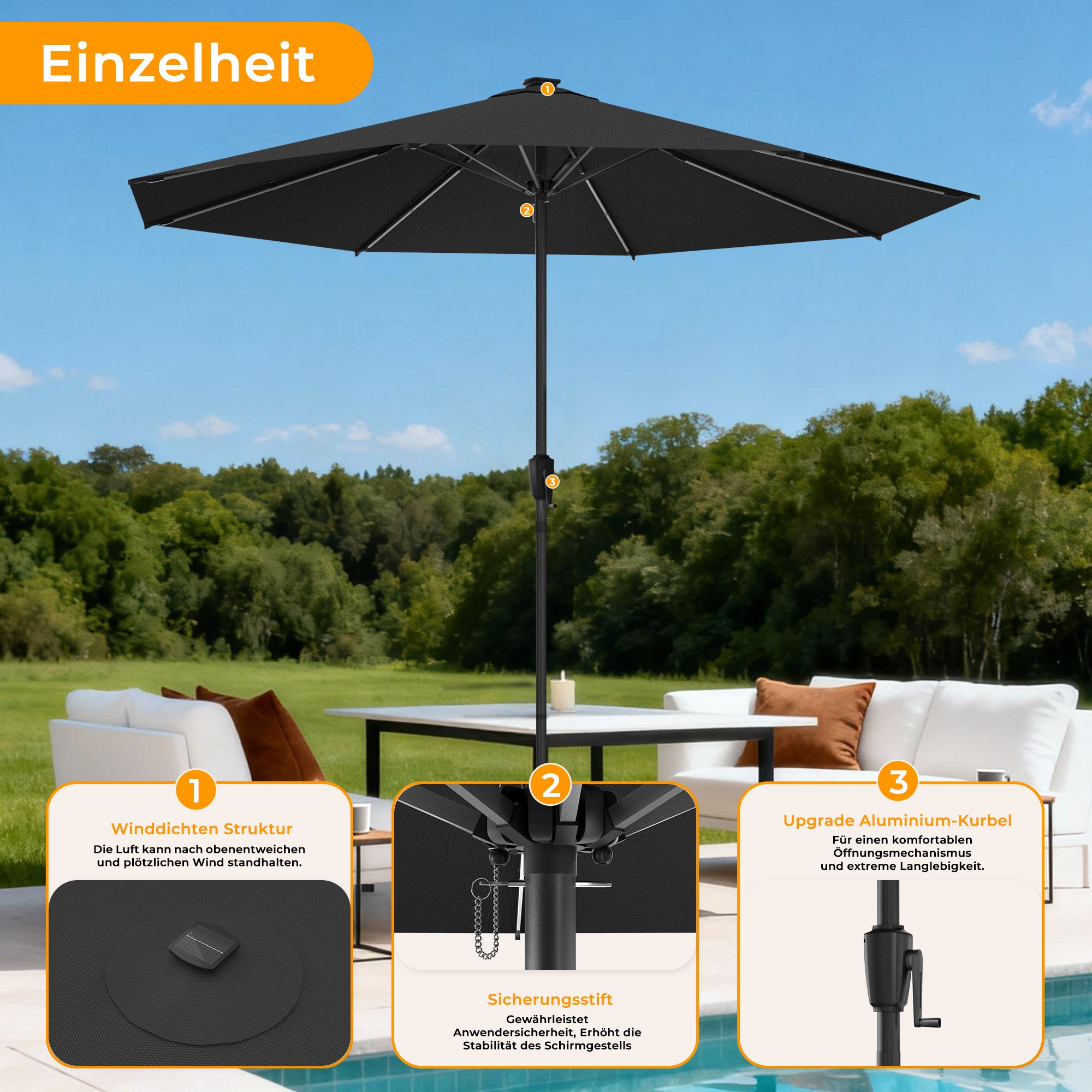HOMEDEMO LED Gartenschirm mit Kurbel