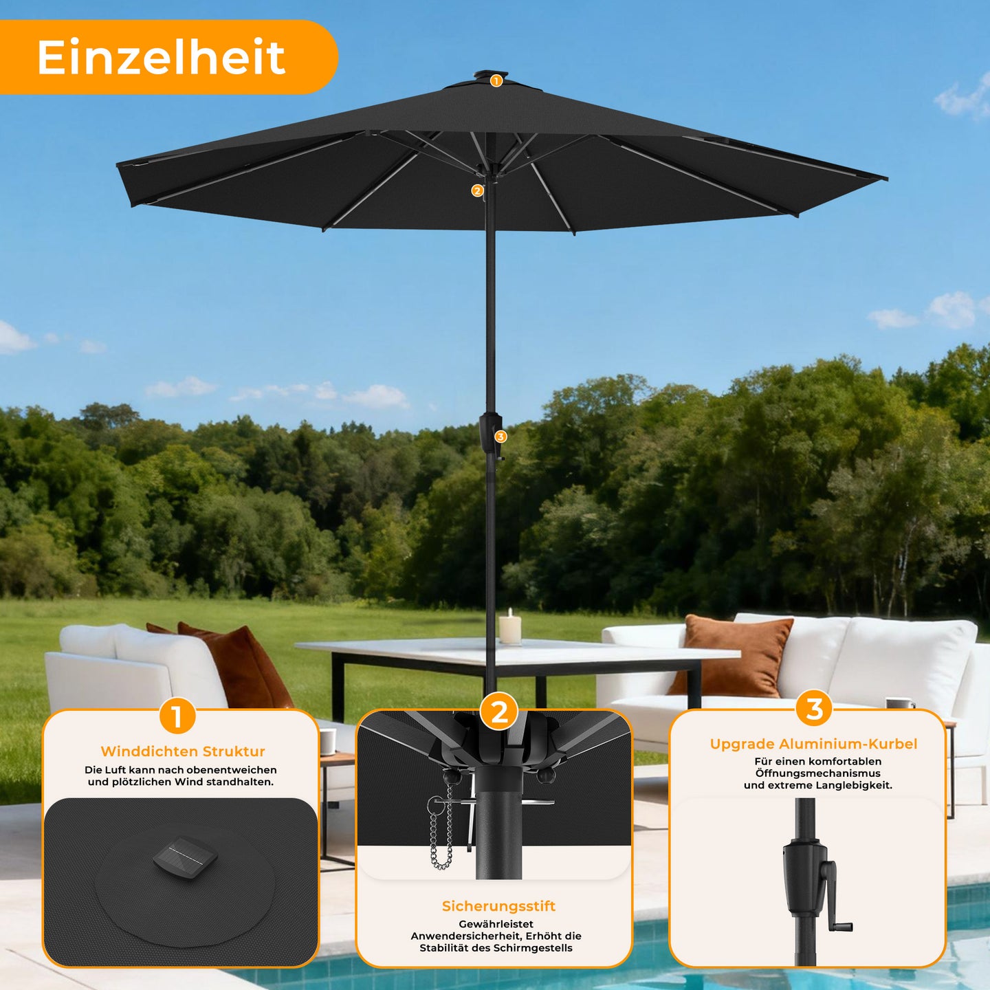 HOMEDEMO LED Gartenschirm mit Kurbel