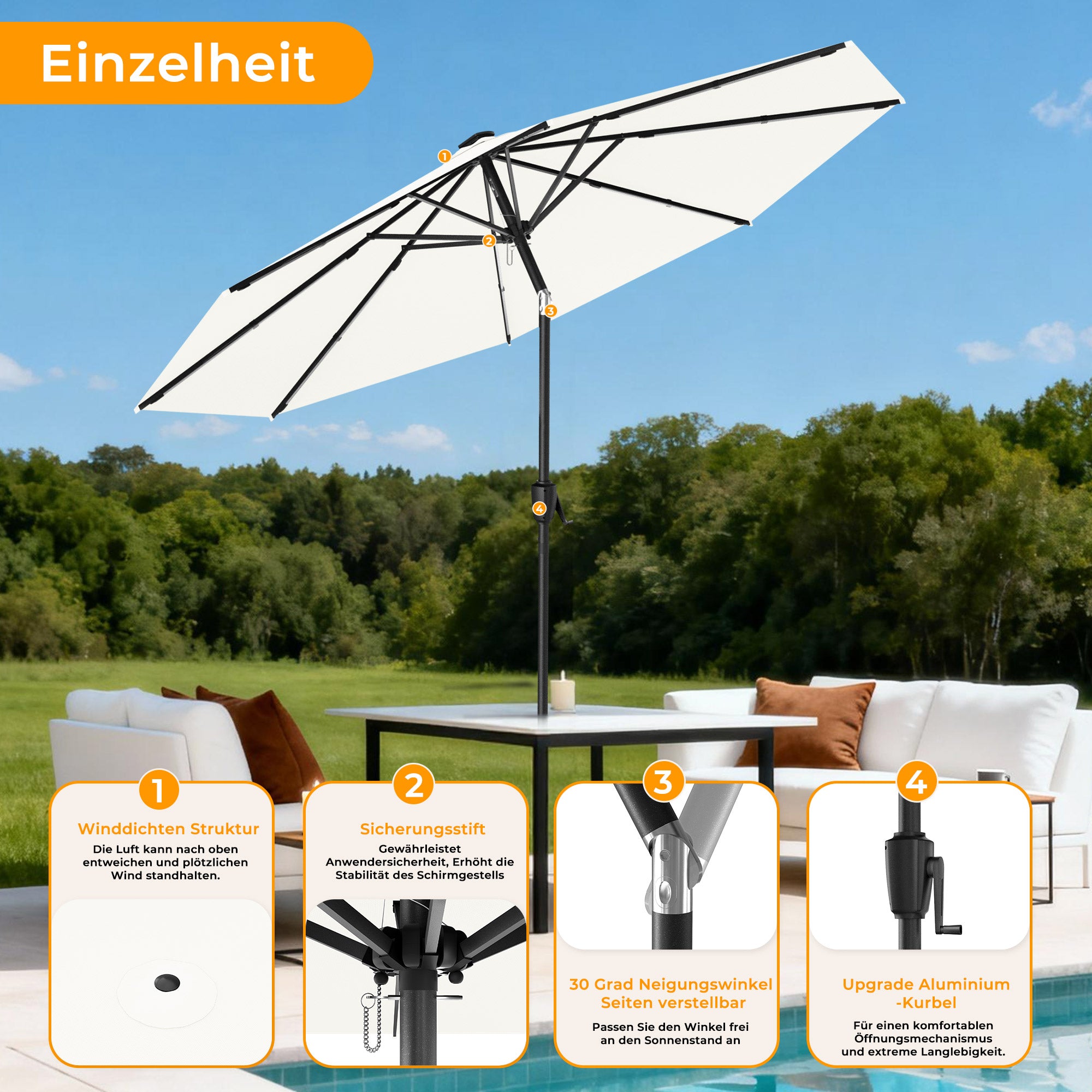HOMEDEMO  Groß Garten Sonnenschirme mit Kurbel und LED-Licht