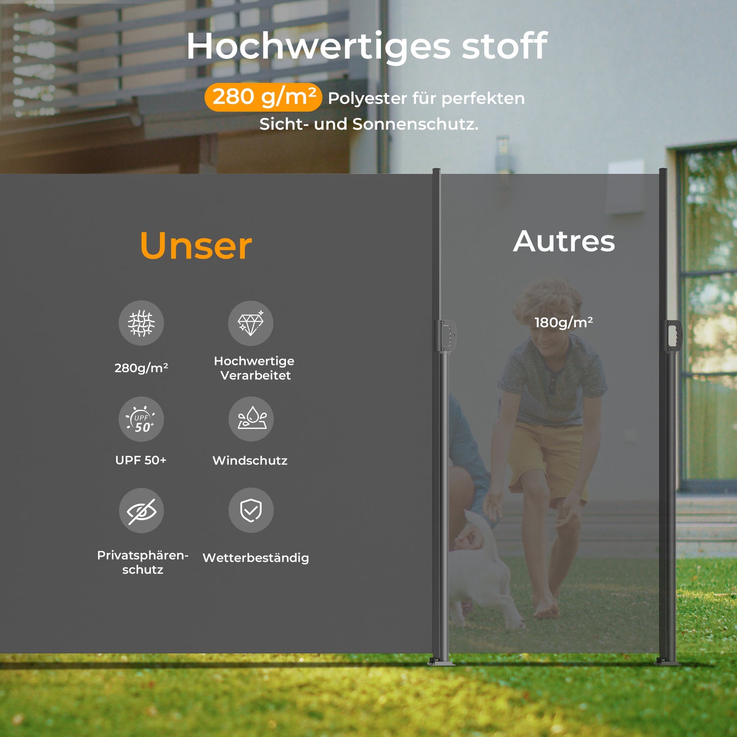 HOMEDEMO Alu-Seitenmarkise ausziehbar,Sichtschutz Sonnenschutz Markise, Windschutz Wasserdicht Seitenzugmarkise