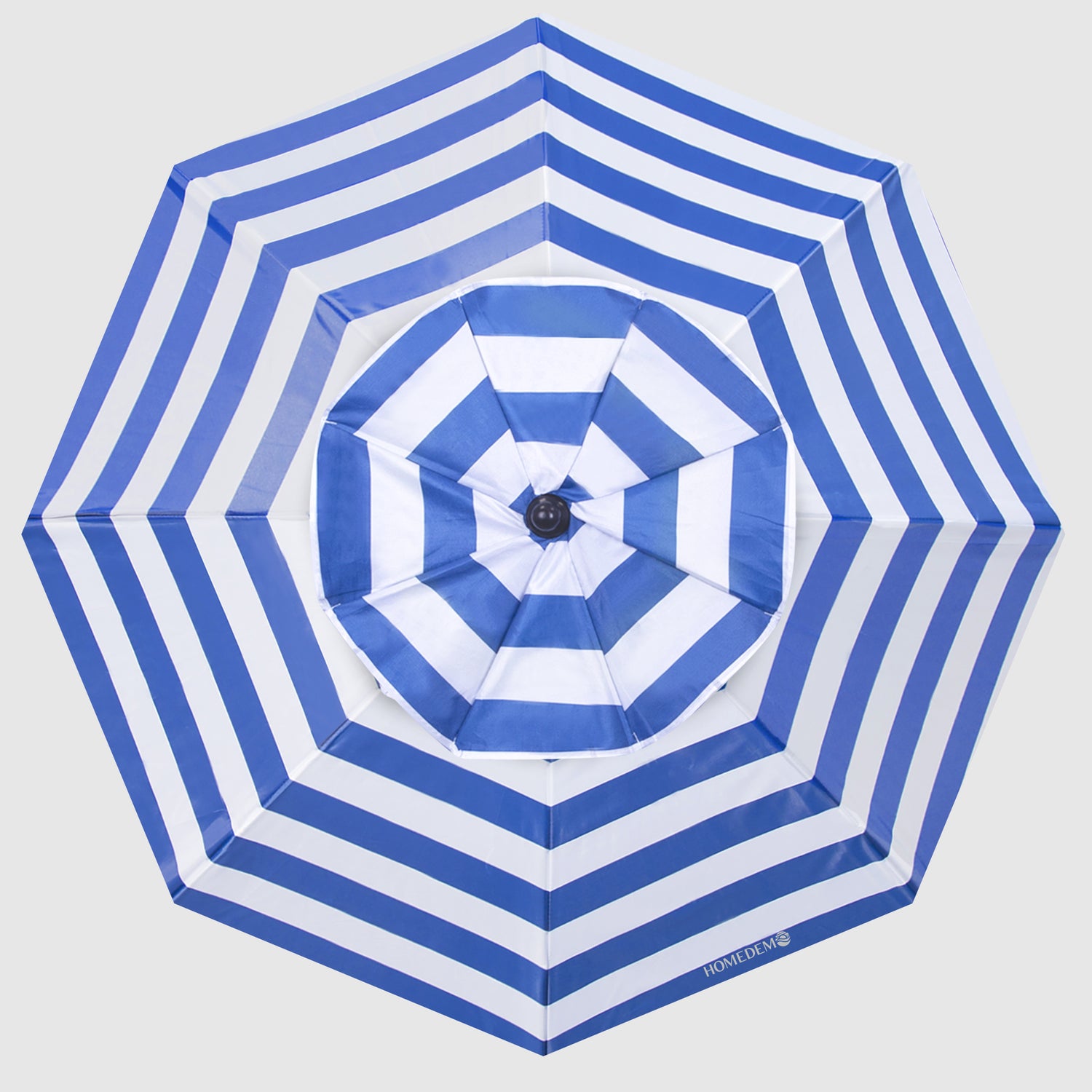 High-quality, durable Blue-White Stripescollapsible beach umbrella, the entire umbrella as seen from the view from above