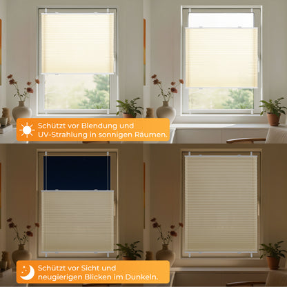 HOMEDEMO Plissee Klemmfix ohne Bohren Jalousien Creme, Plisseerollo mit Klemmträger, lichtdurchlässig Faltrollo mit Sicht- und Sonnenschutz, blickdichte Jalousie für Fenster &amp; Tür