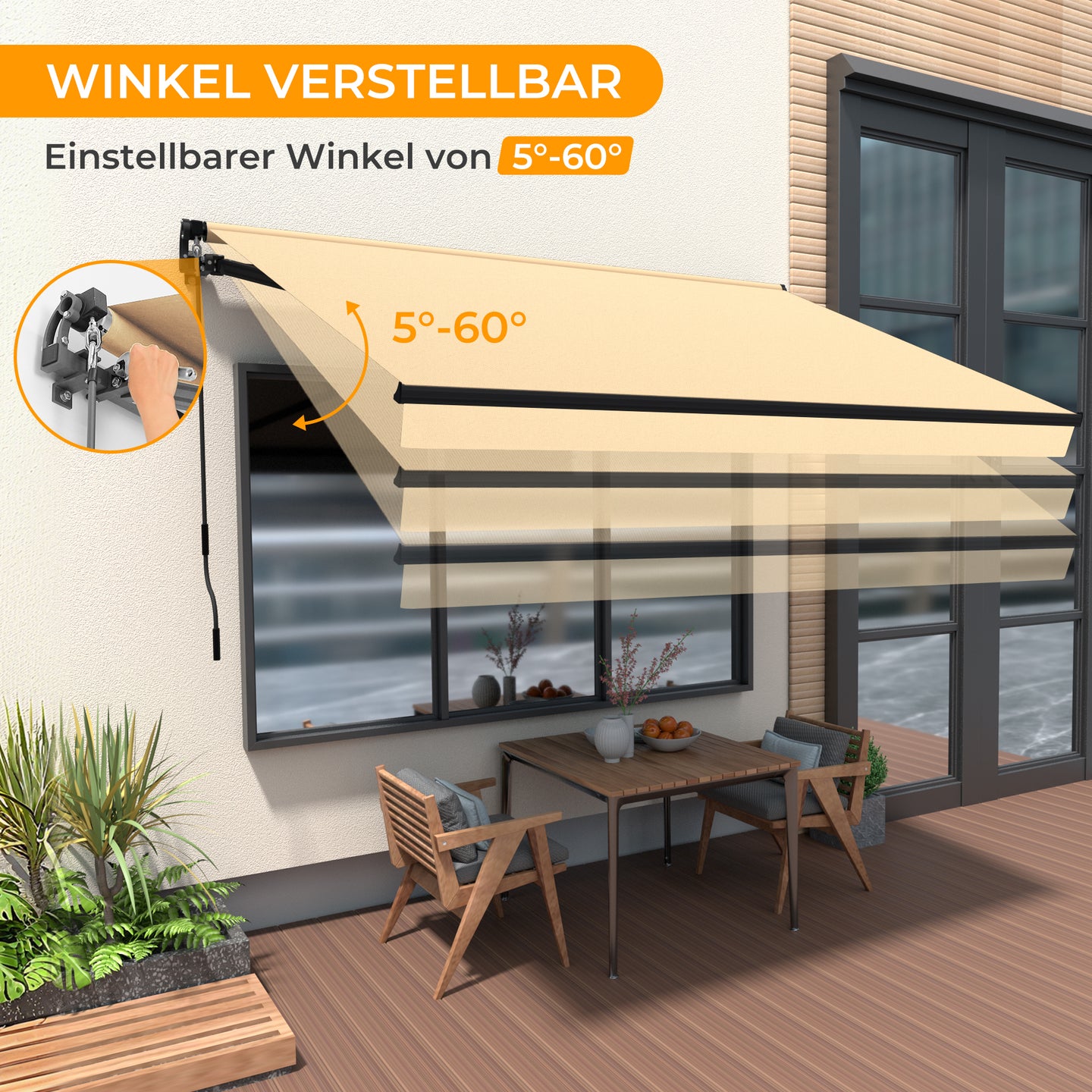 HOMEDEMO Gelenkarmmarkise Markise mit Handkurbel,Sonnenmarkise Terrassenmarkise Winkel Einstellung(5-60°)