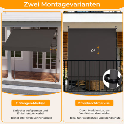 Einziehbare Klemmmarkise für Balkon mit Handkurbel manuell