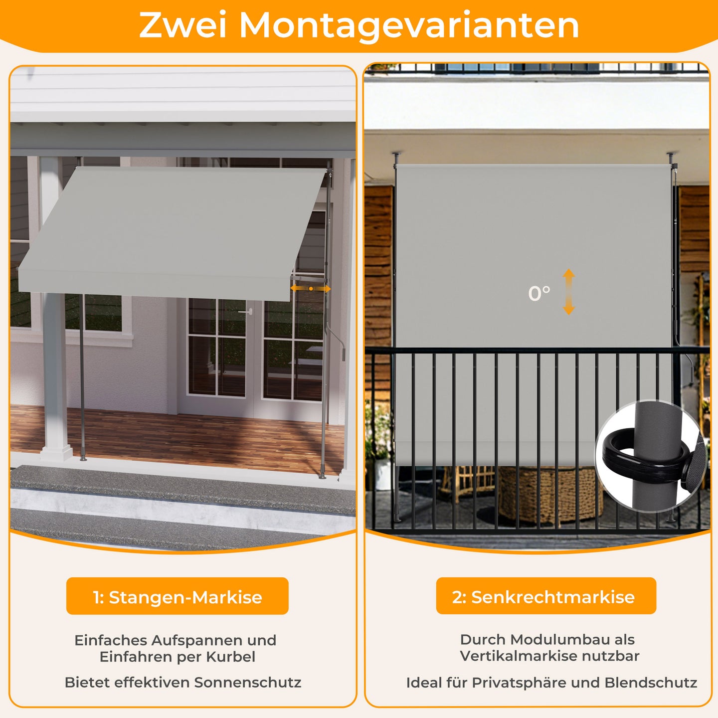 Einziehbare Klemmmarkise für Balkon mit Handkurbel manuell
