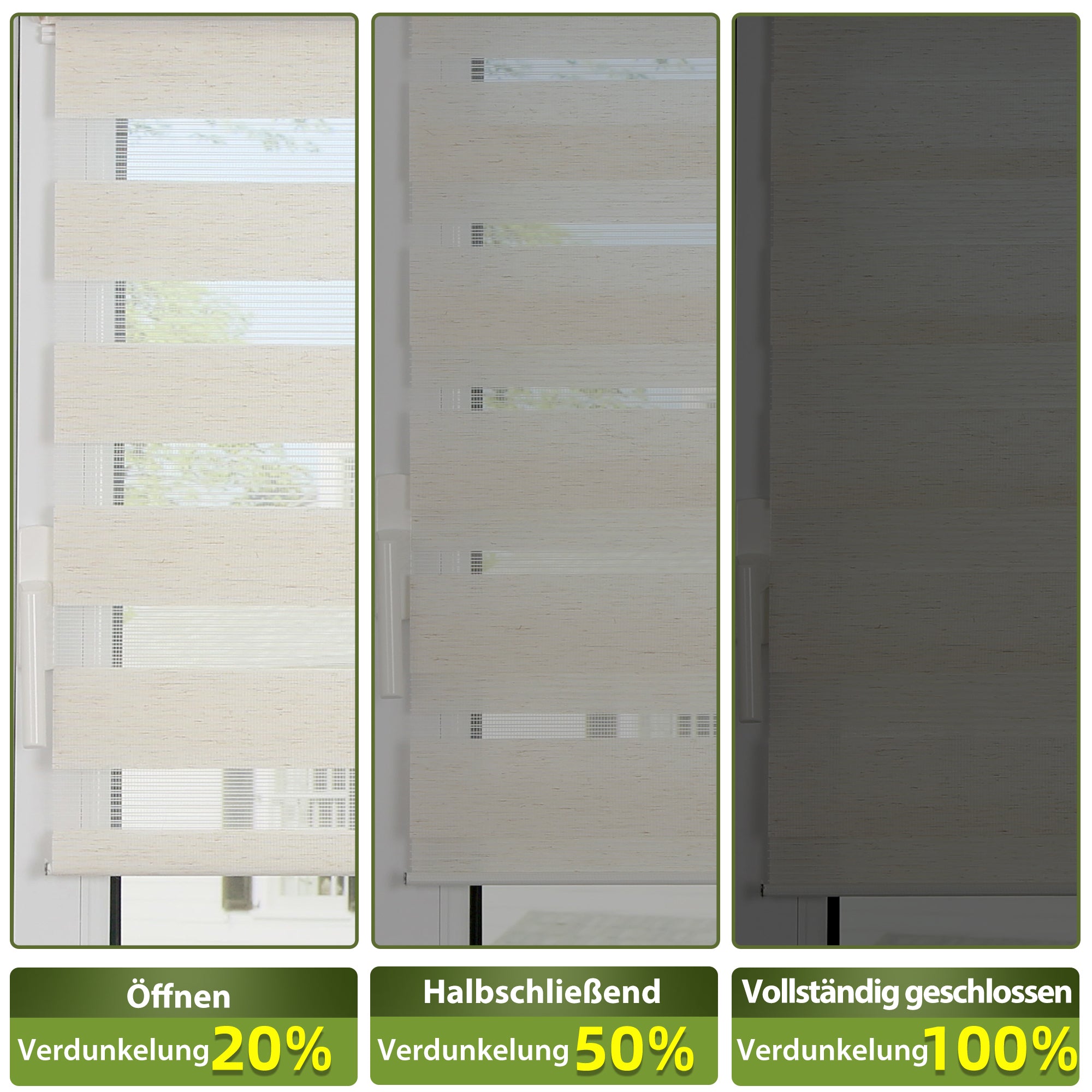 HOMEDEMO Doppelrollo Klemmfix ohne Bohren & mit Bohren, Rollos für Fenster und Tür,Leinen-grau,Weiss-grau-grün,Grün,Leinen