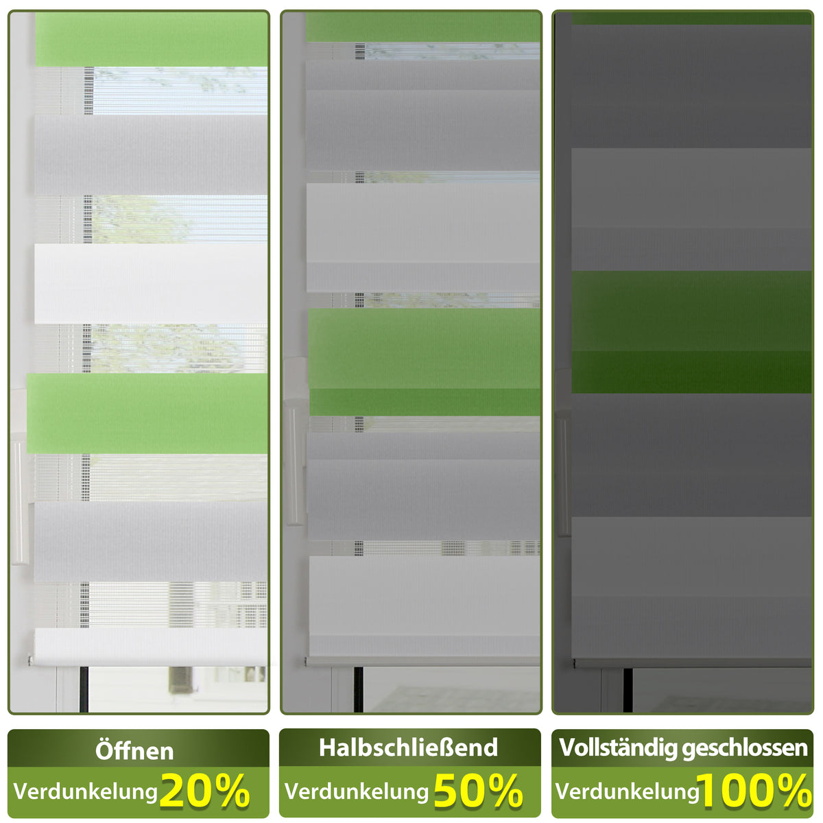 HOMEDEMO Doppelrollo Klemmfix ohne Bohren & mit Bohren, Rollos für Fenster und Tür,Leinen-grau,Weiss-grau-grün,Grün,Leinen