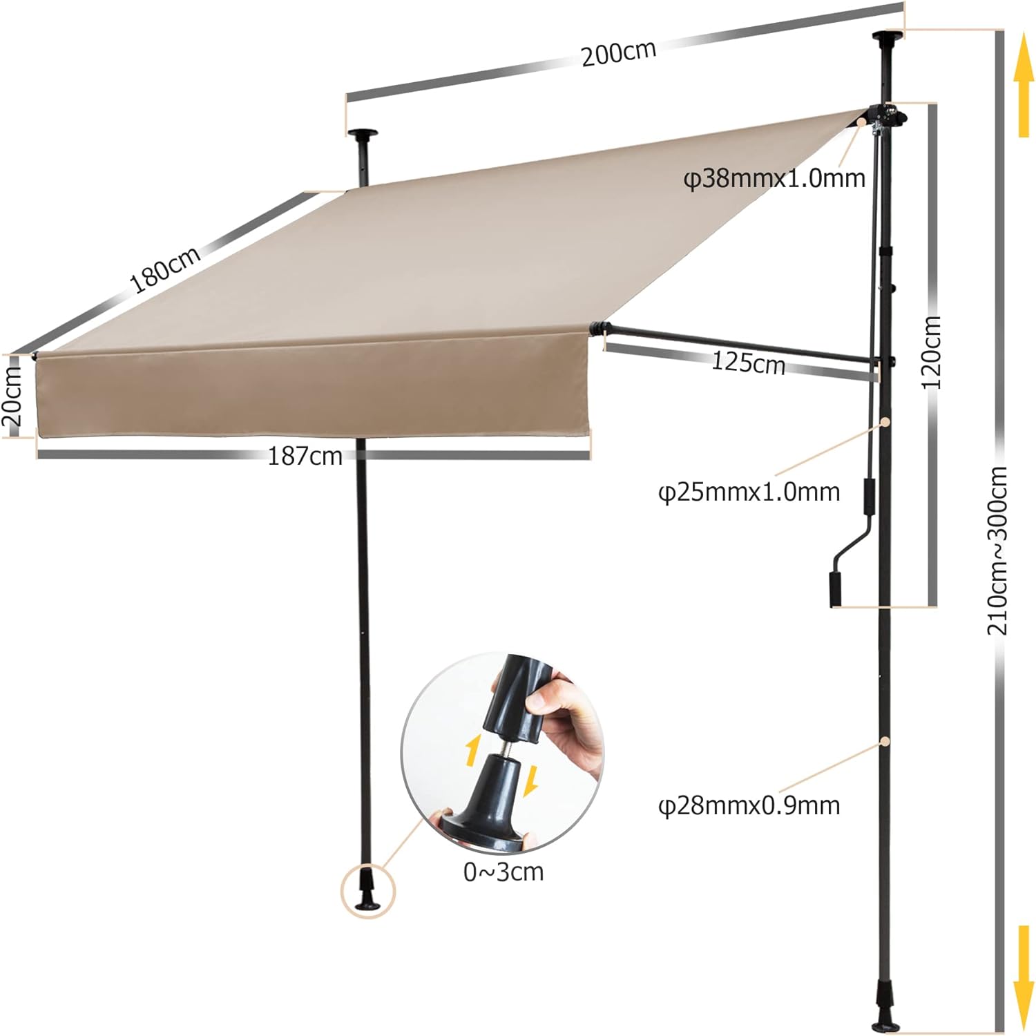 Klemmmarkise für Balkon mit Handkurbel manuell