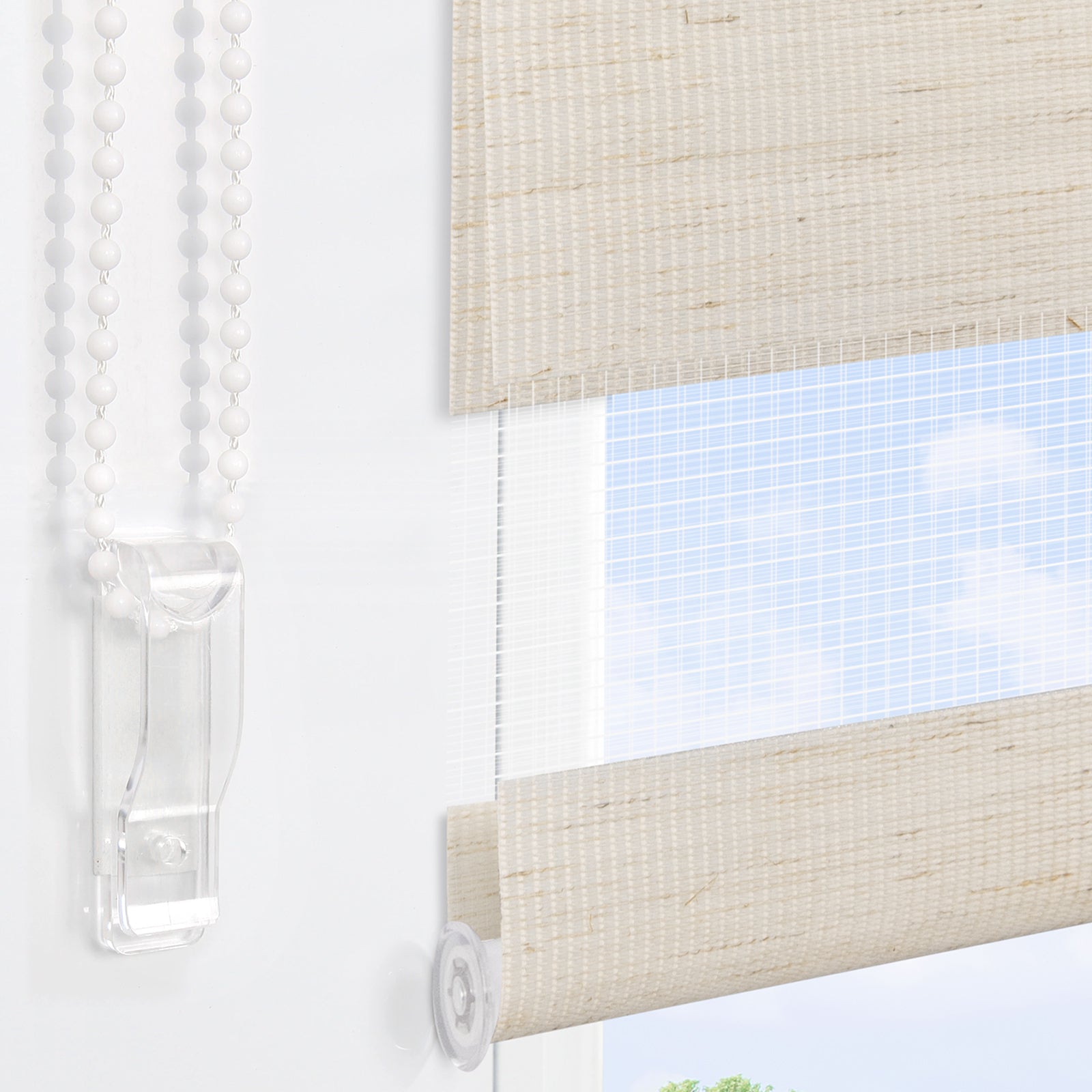 HOMEDEMO Doppelrollo Klemmfix ohne Bohren & mit Bohren, Rollos für Fenster und Tür,Leinen-grau,Weiss-grau-grün,Grün,Leinen