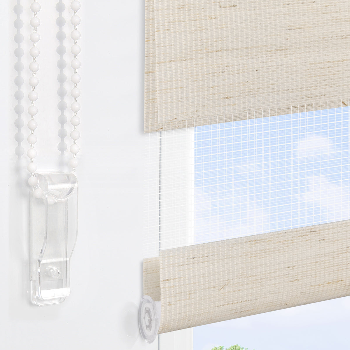 HOMEDEMO Doppelrollo Klemmfix ohne Bohren & mit Bohren, Rollos für Fenster und Tür,Leinen-grau,Weiss-grau-grün,Grün,Leinen