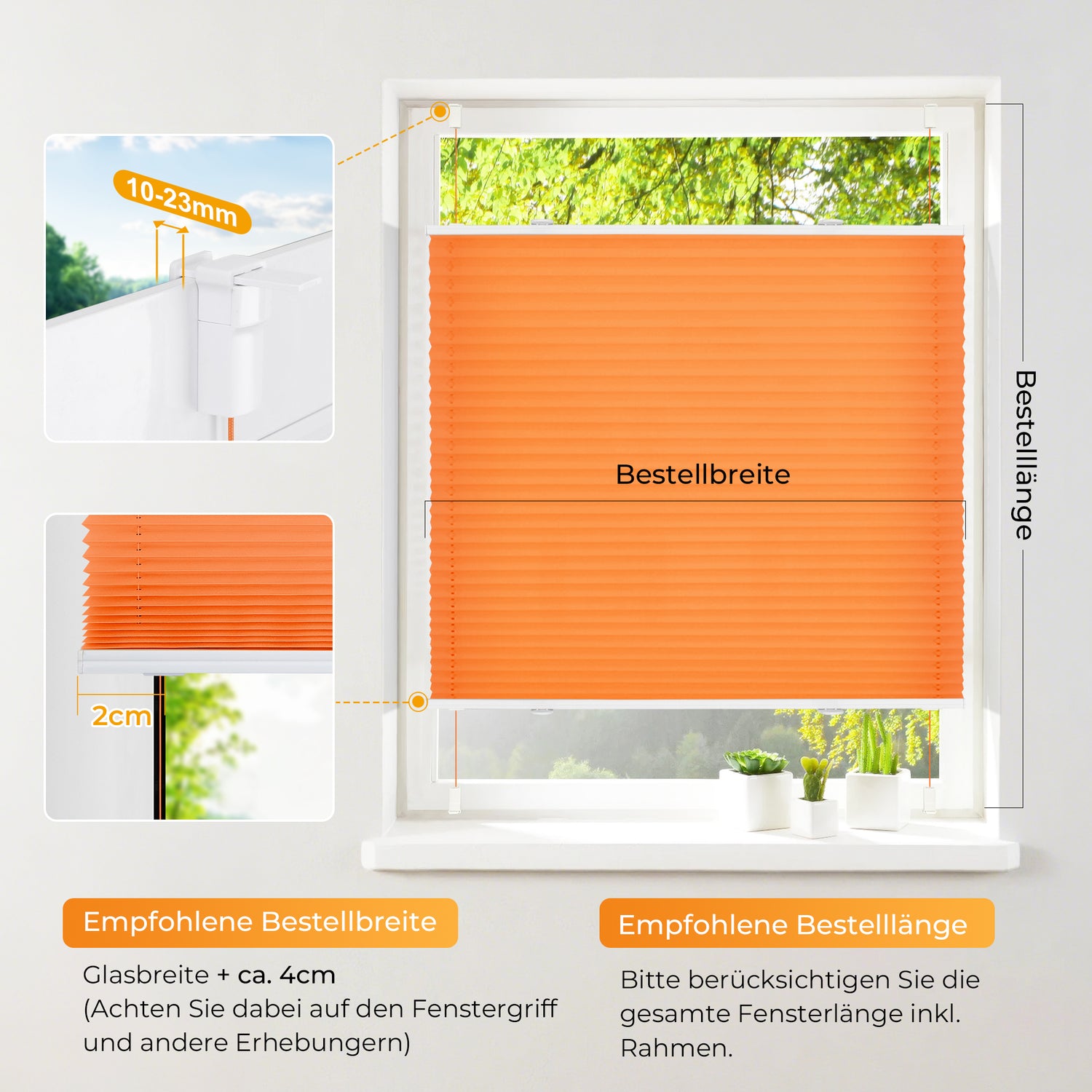 HOMEDEMO Plissee Klemmfix ohne Bohren Jalousien Orange, Plisseerollo mit Klemmträger, lichtdurchlässig Faltrollo mit Sicht- und Sonnenschutz, blickdichte Jalousie für Fenster &amp; Tür