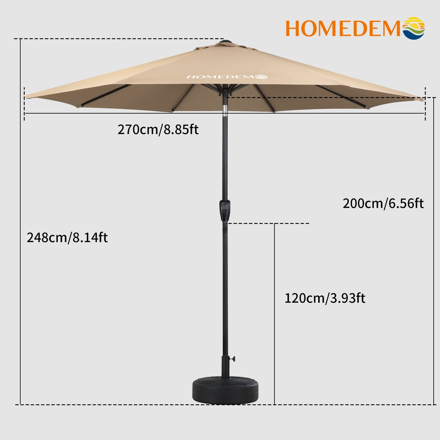 The quality Khaki patio umbrellas are 248cm high and have an opening diameter of 270cm.