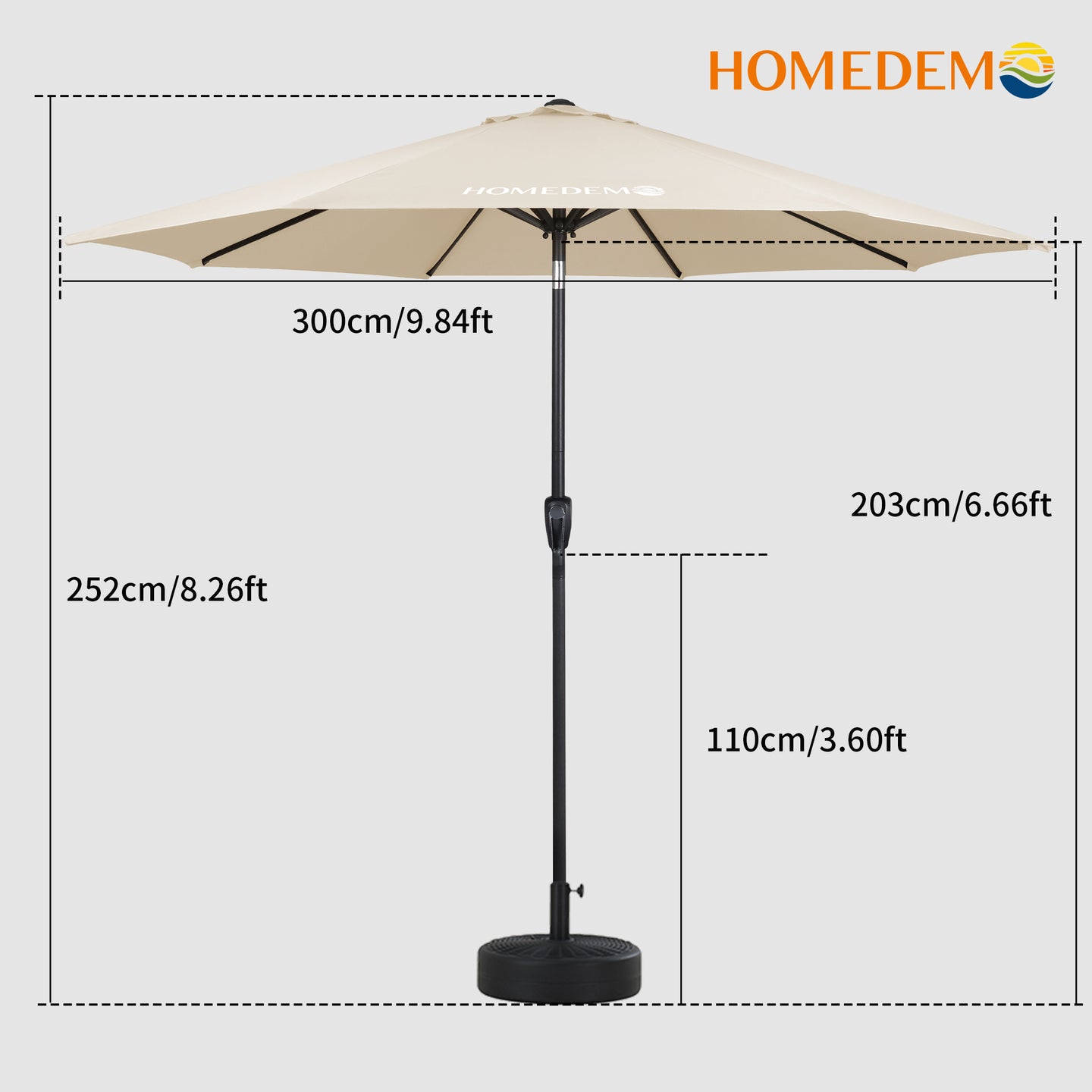 The high quality Beige patio umbrella is 252cm high and has an opening diameter of 300cm.