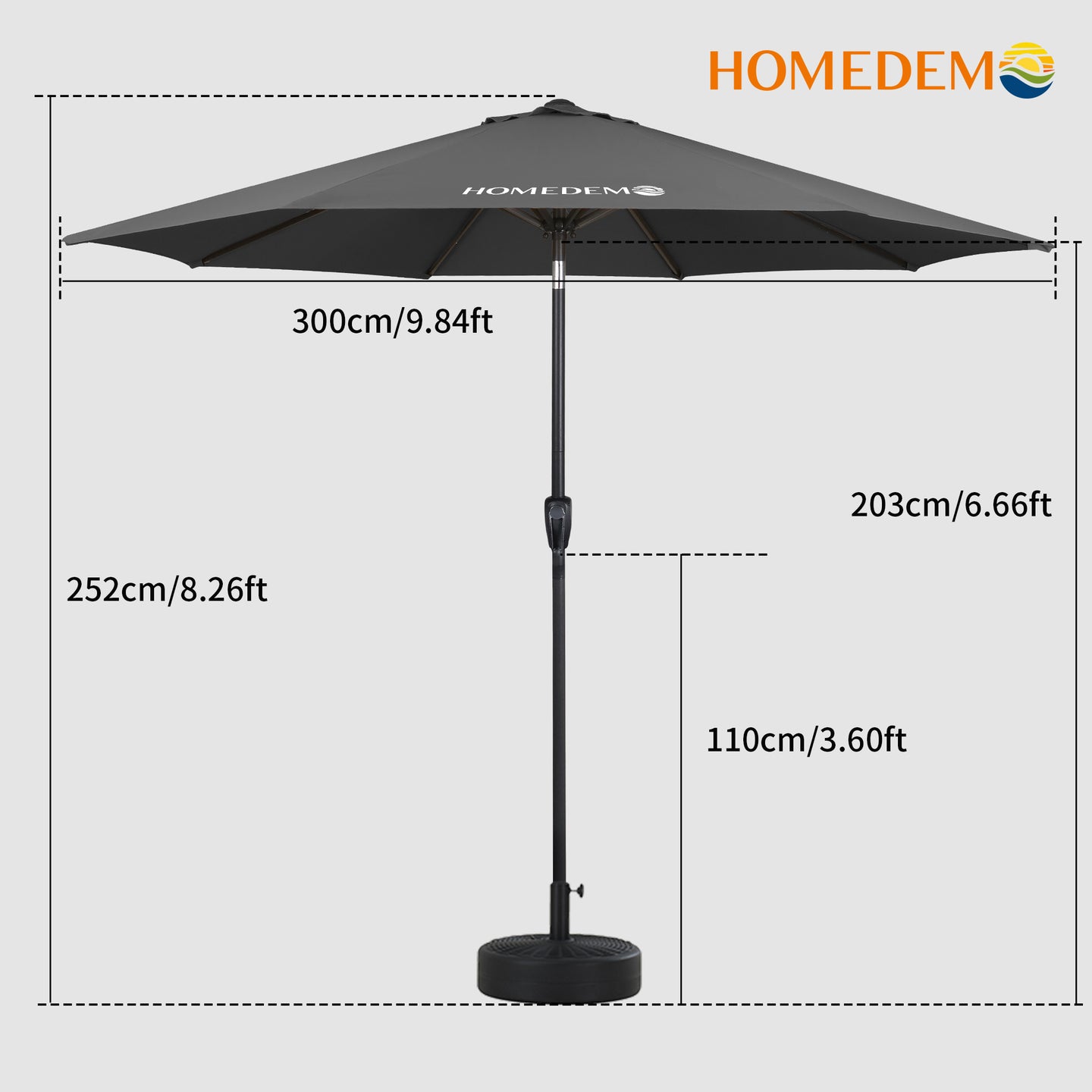 The high quality Dark Grey patio umbrella is 252cm high and has an opening diameter of 300cm.