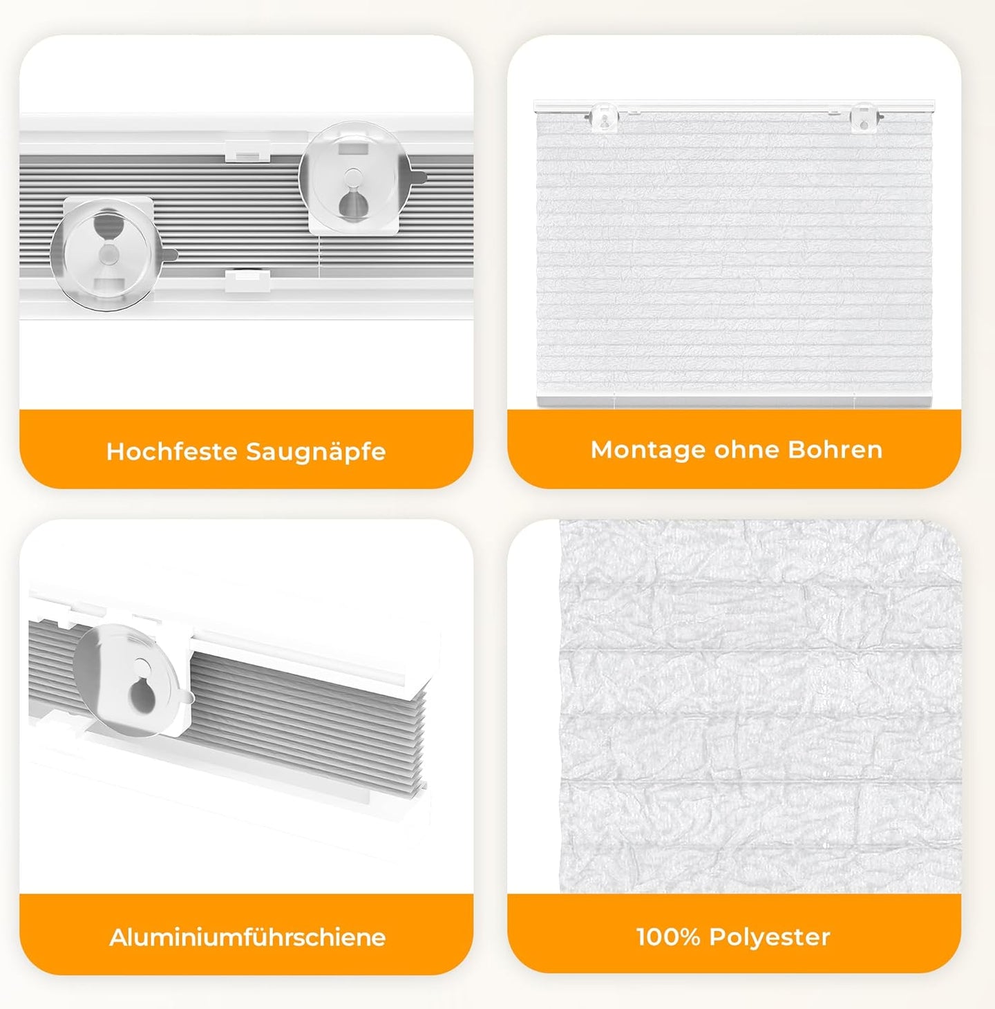 HOMEDEMO Plissee ohne Bohren mit Saugnäpfen, Blickdicht & UV-Schutz, Plisseerollo für Fenster, Dachfenster, Holzfenster, Balkontüren, Wohnmobilfenster