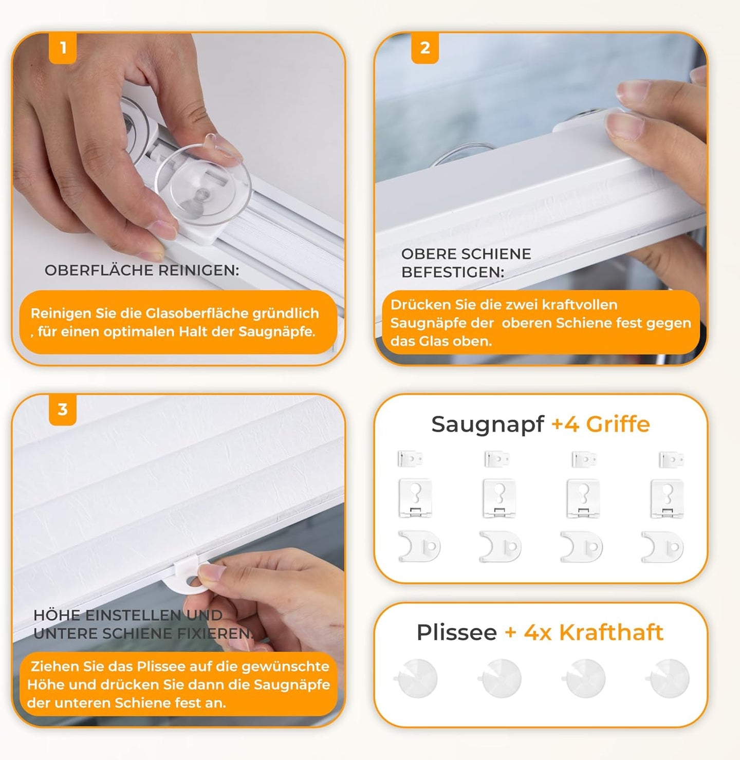 HOMEDEMO Plissee ohne Bohren mit Saugnäpfen, Blickdicht & UV-Schutz, Plisseerollo für Fenster, Dachfenster, Holzfenster, Balkontüren, Wohnmobilfenster