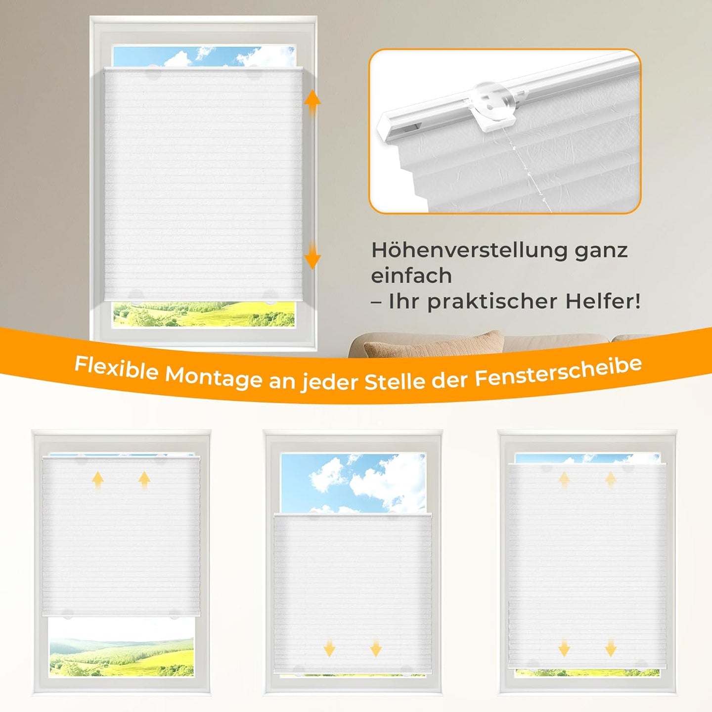 HOMEDEMO Plissee ohne Bohren mit Saugnäpfen, Blickdicht & UV-Schutz, Plisseerollo für Fenster, Dachfenster, Holzfenster, Balkontüren, Wohnmobilfenster