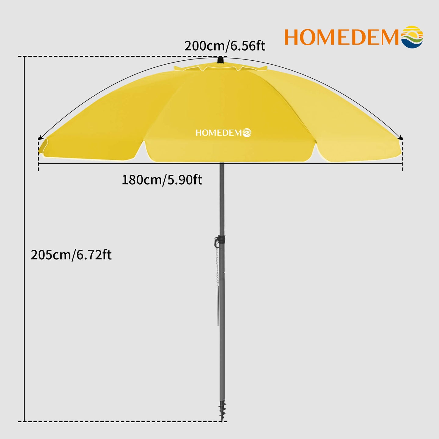 High-quality, durable Yellow  beach umbrella 205 cm high, 200 cm curved surface, 180 cm diameter