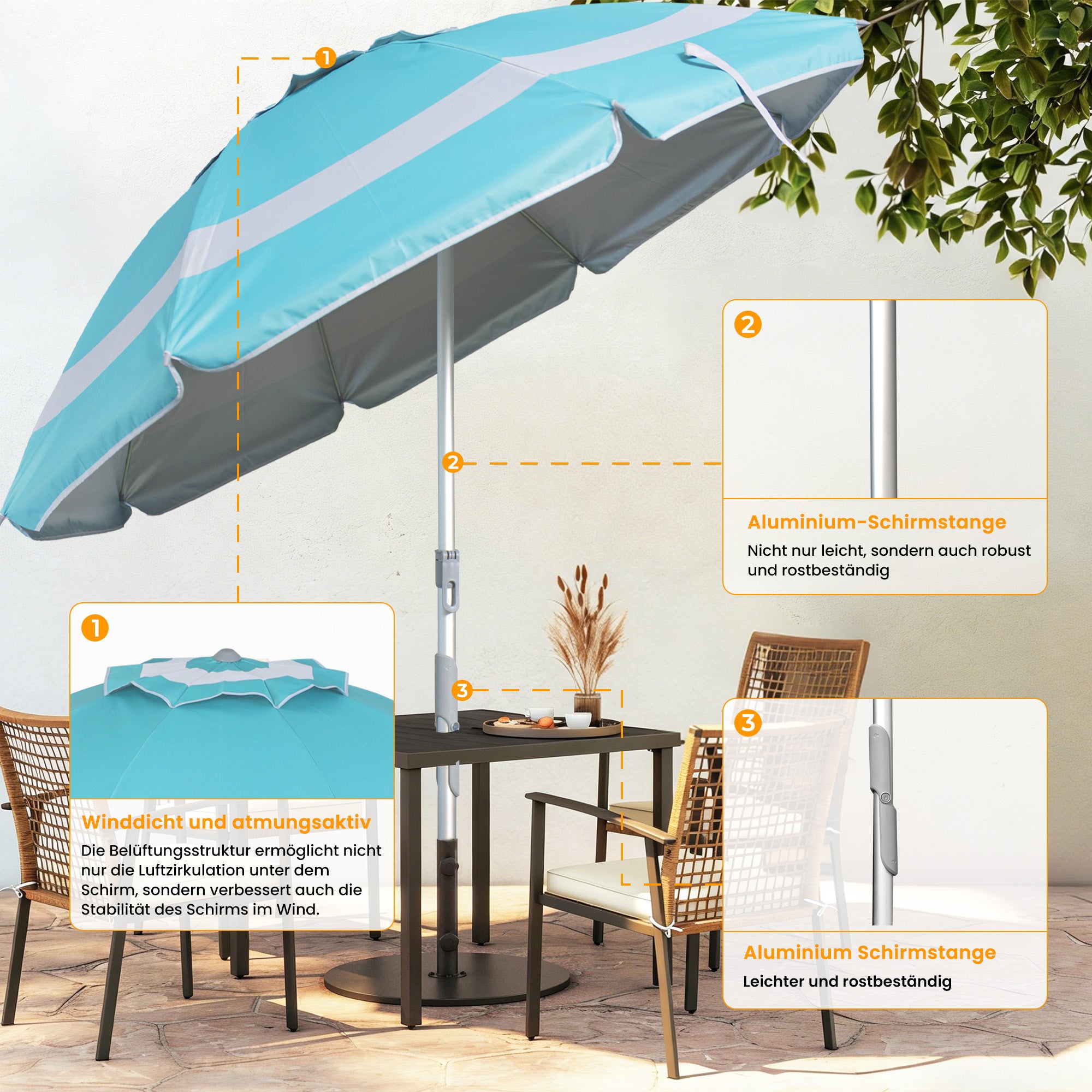 Alu-Sonnenschirm 360° Neigbar|Gartenschirm Marktschirm|UV50+ Schutz
