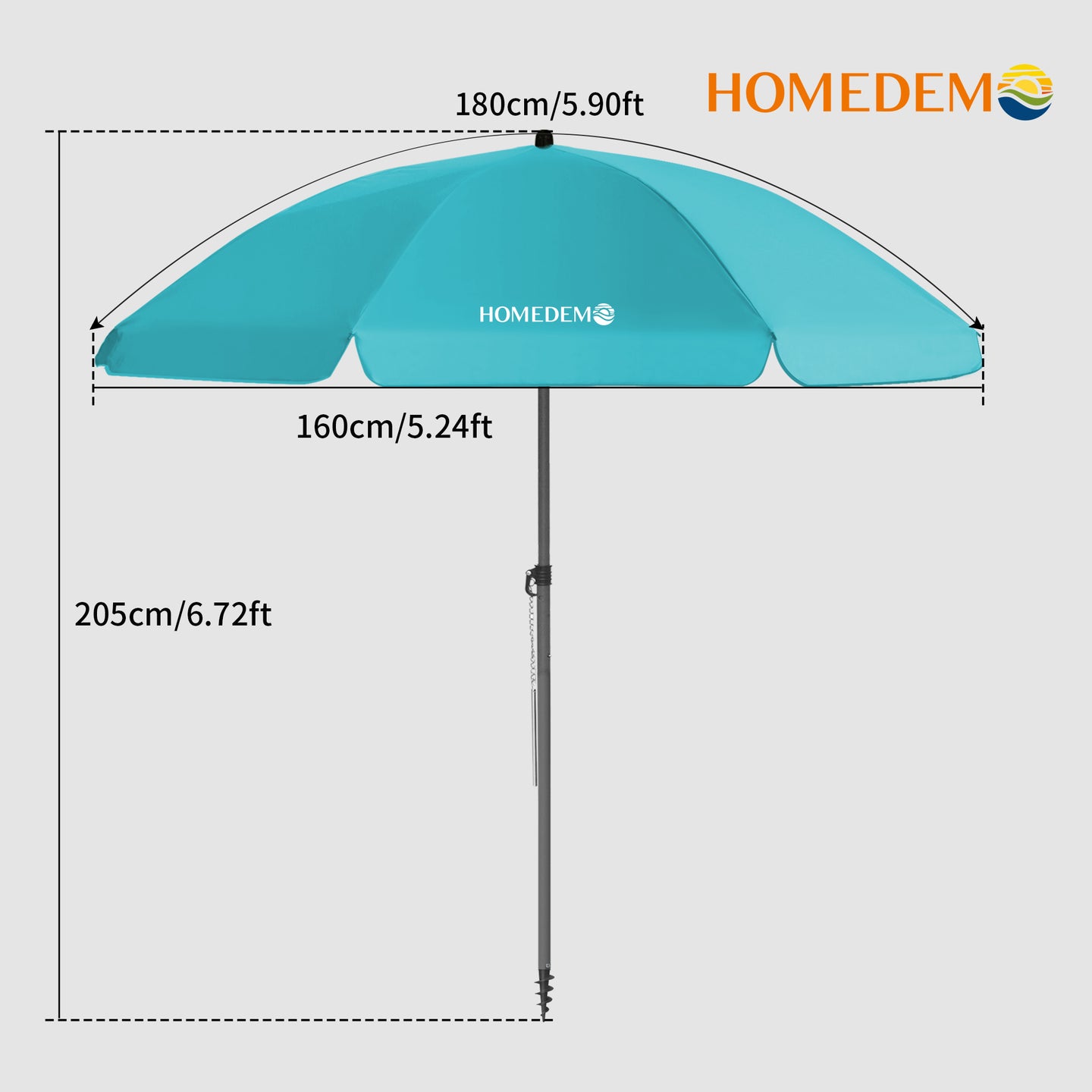 High quality, durable Turquoise beach umbrella 205cm high, 180cm curved surface, 160cm diamete