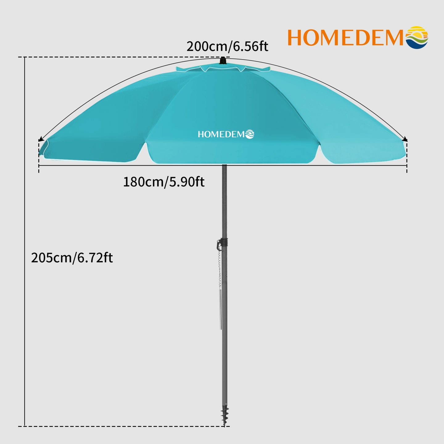 High-quality, durable Turquoise  beach umbrella 205 cm high, 200 cm curved surface, 180 cm diameter
