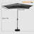 The black Rectangular Patio Parasol Umbrella, 235cm high and 210cm in diameter, can be seen from the front, with the whole umbrella open.th the whole umbrella open.