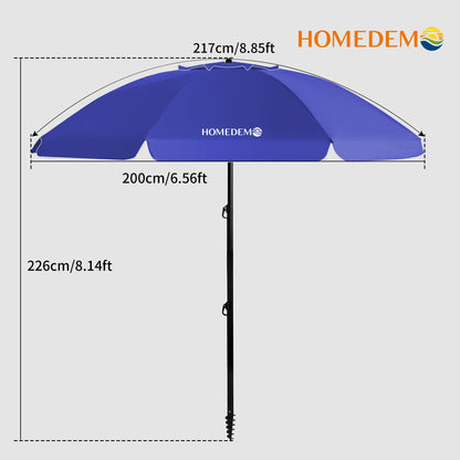 High-quality, durable Blue collapsible beach umbrella, the entire umbrella as seen from the view from above