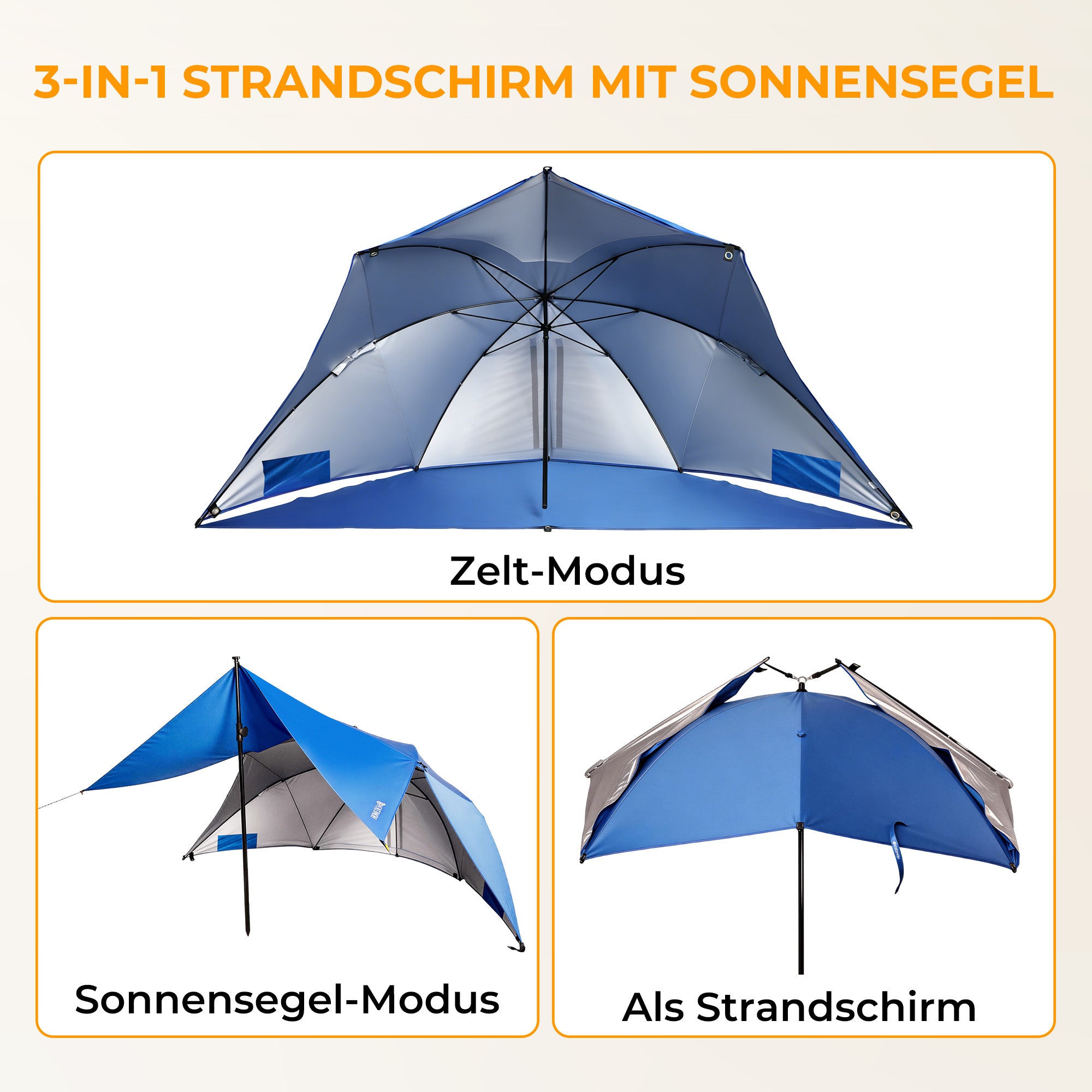 Strandmuschel mit Sonnendach 3-in-1 Sonnenschirm,Strandmuschel Pop up mit Sonnendach Ø 290cm, UV50+