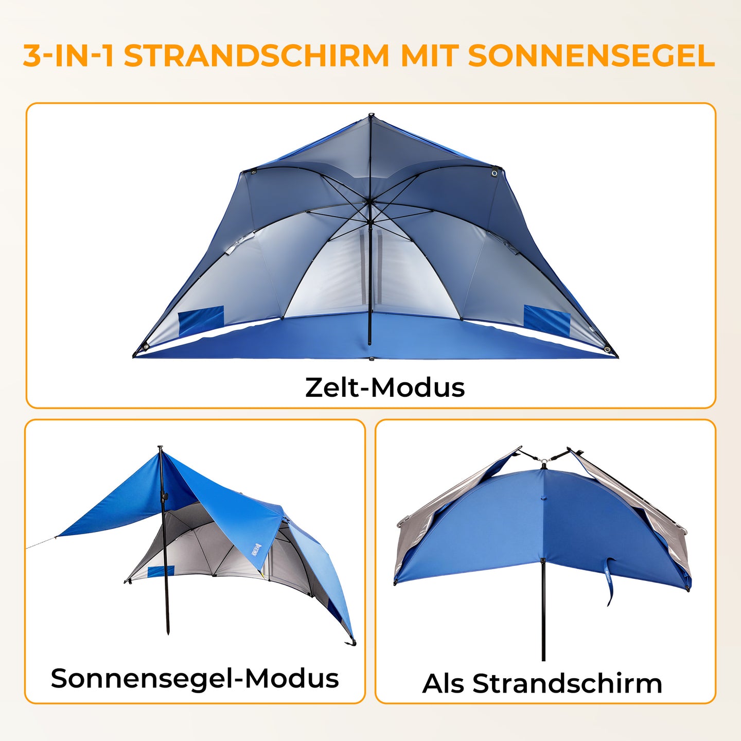 Strandmuschel mit Sonnendach 3-in-1 Sonnenschirm,Strandmuschel Pop up mit Sonnendach Ø 290cm, UV50+
