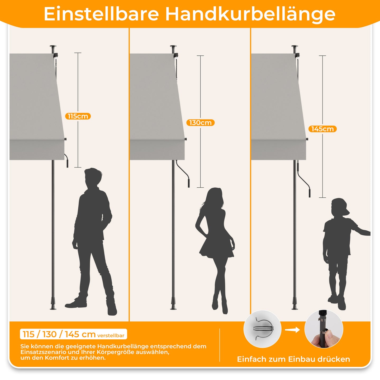Einziehbare Klemmmarkise für Balkon mit Handkurbel manuell
