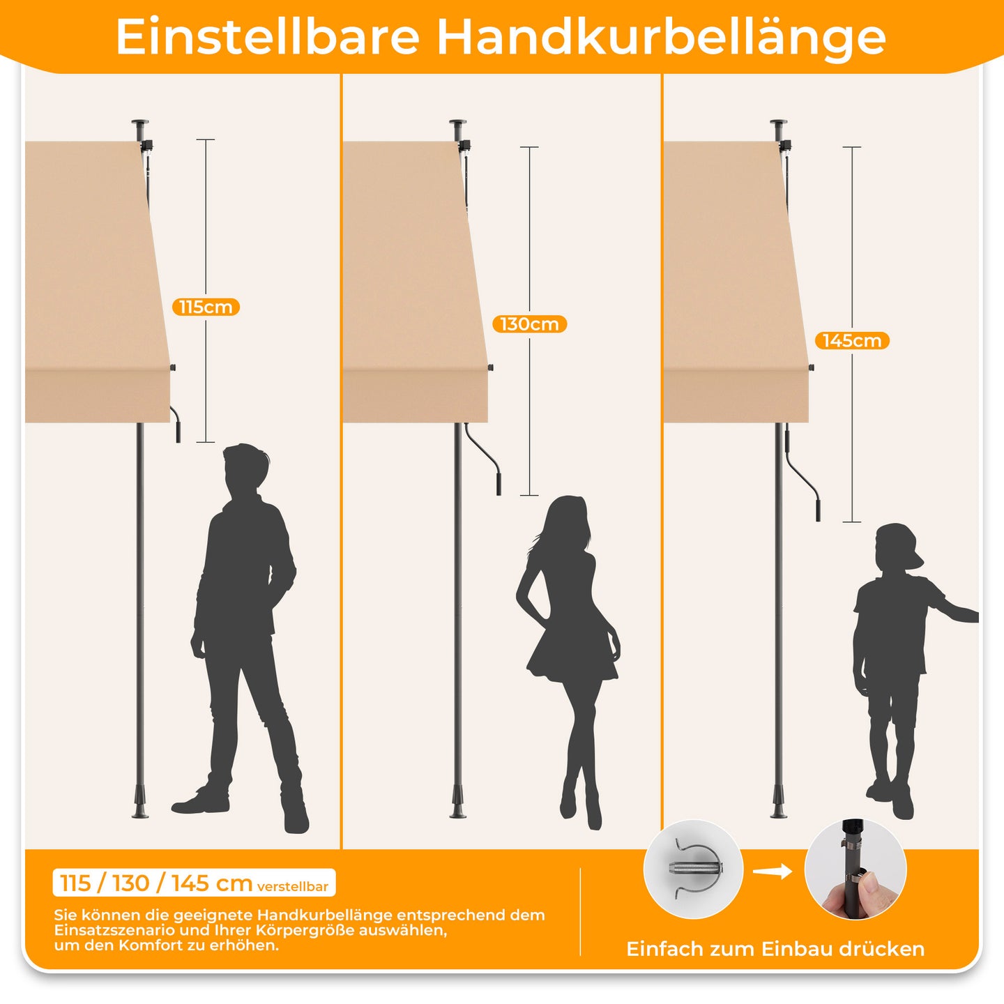 Einziehbare Klemmmarkise für Balkon mit Handkurbel manuell