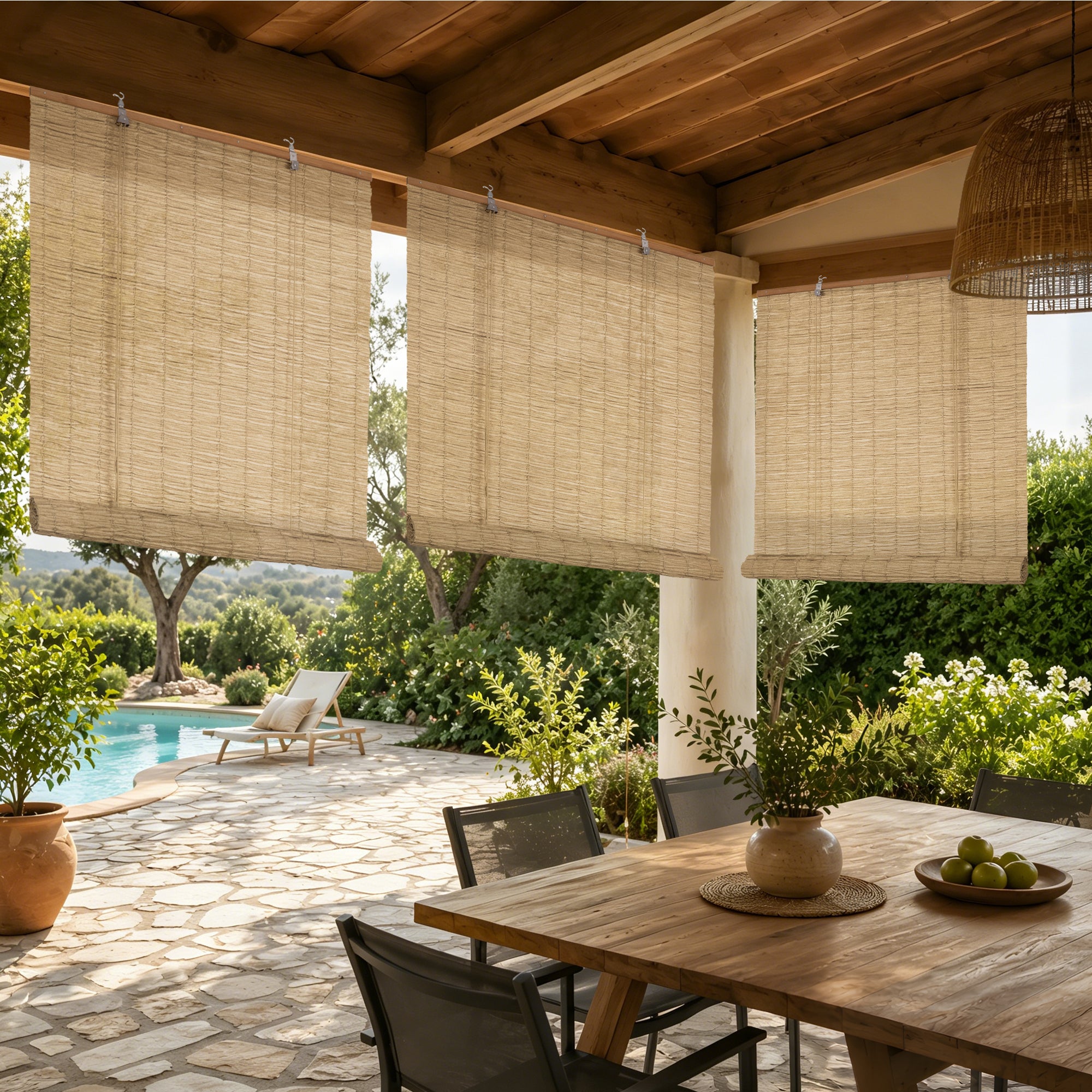 HOMEDEMO PE Rollo Outdoor wetterfest, Sichtschutz Sonnenschutz, Bambus Look Rollo für Innen- und außenbereich Bambusrollo Jalousie