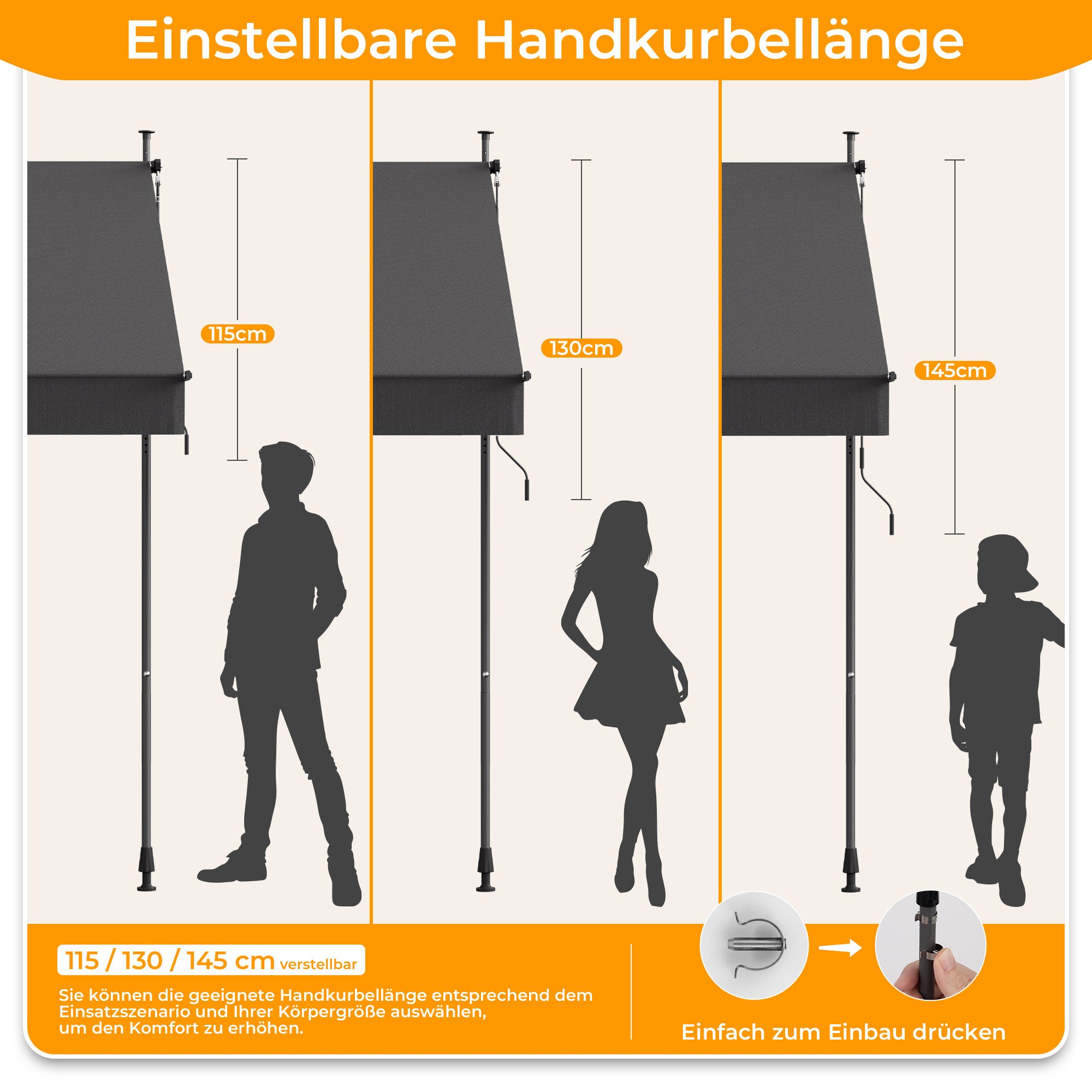 HOMEDEMO Klemmmarkise mit Einstellbare Handkurbel, Balkonmarkise ohne