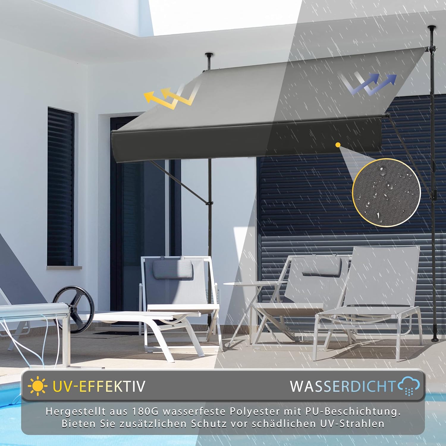 Einziehbare Klemmmarkise für Balkon mit Handkurbel manuell