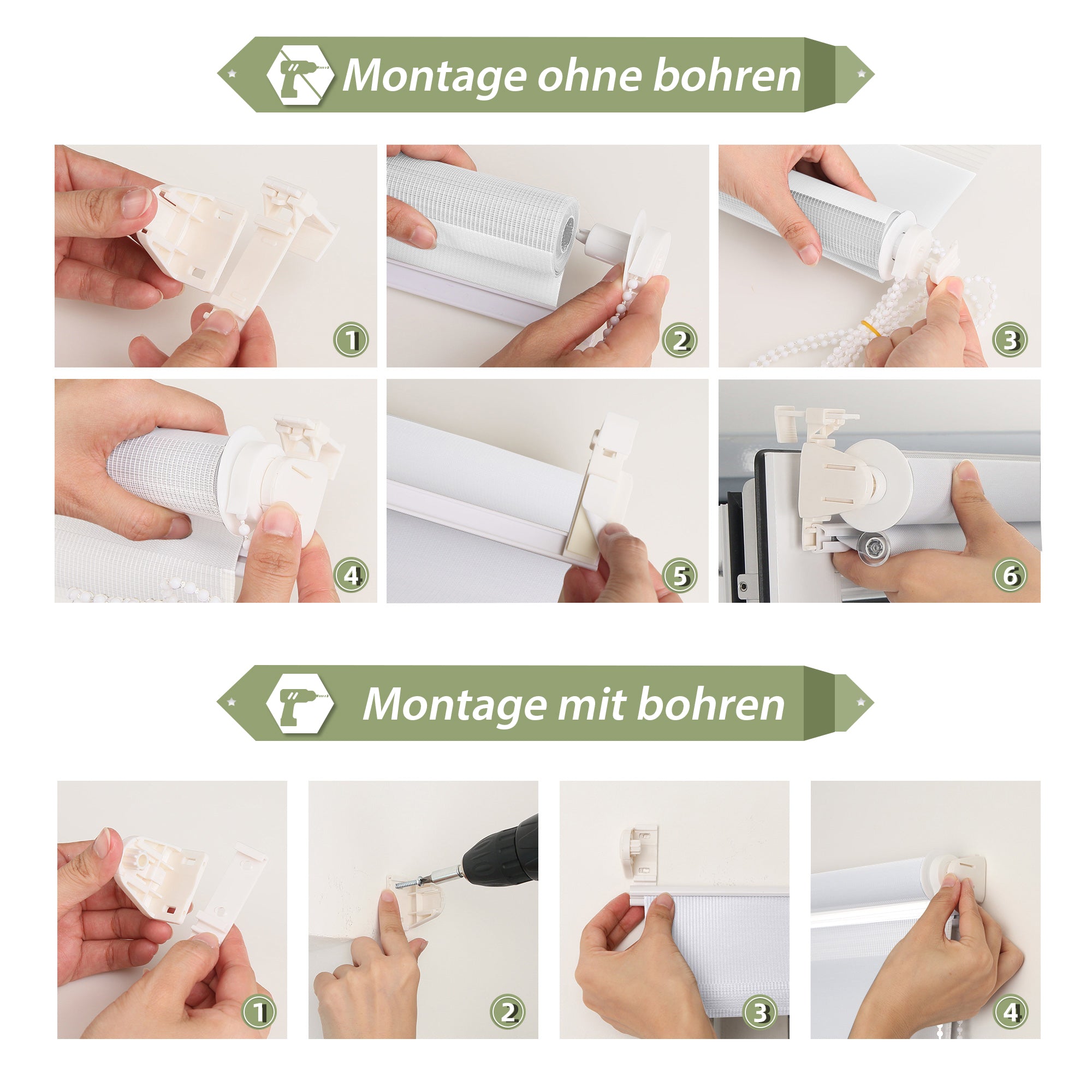 HOMEDEMO Doppelrollo Klemmfix ohne Bohren & mit Bohren, Rollos für Fenster und Tür,Weiß,Grau,Weiß-Schwarz