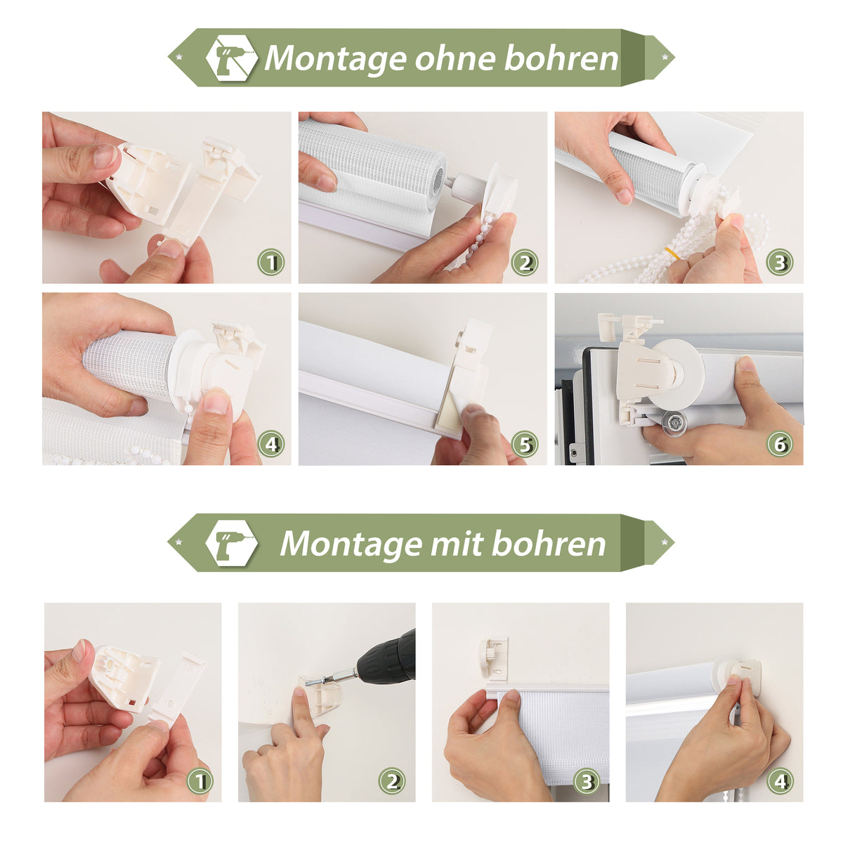 HOMEDEMO Doppelrollo Klemmfix ohne Bohren & mit Bohren, Rollos für Fenster und Tür,Weiß,Grau,Weiß-Schwarz