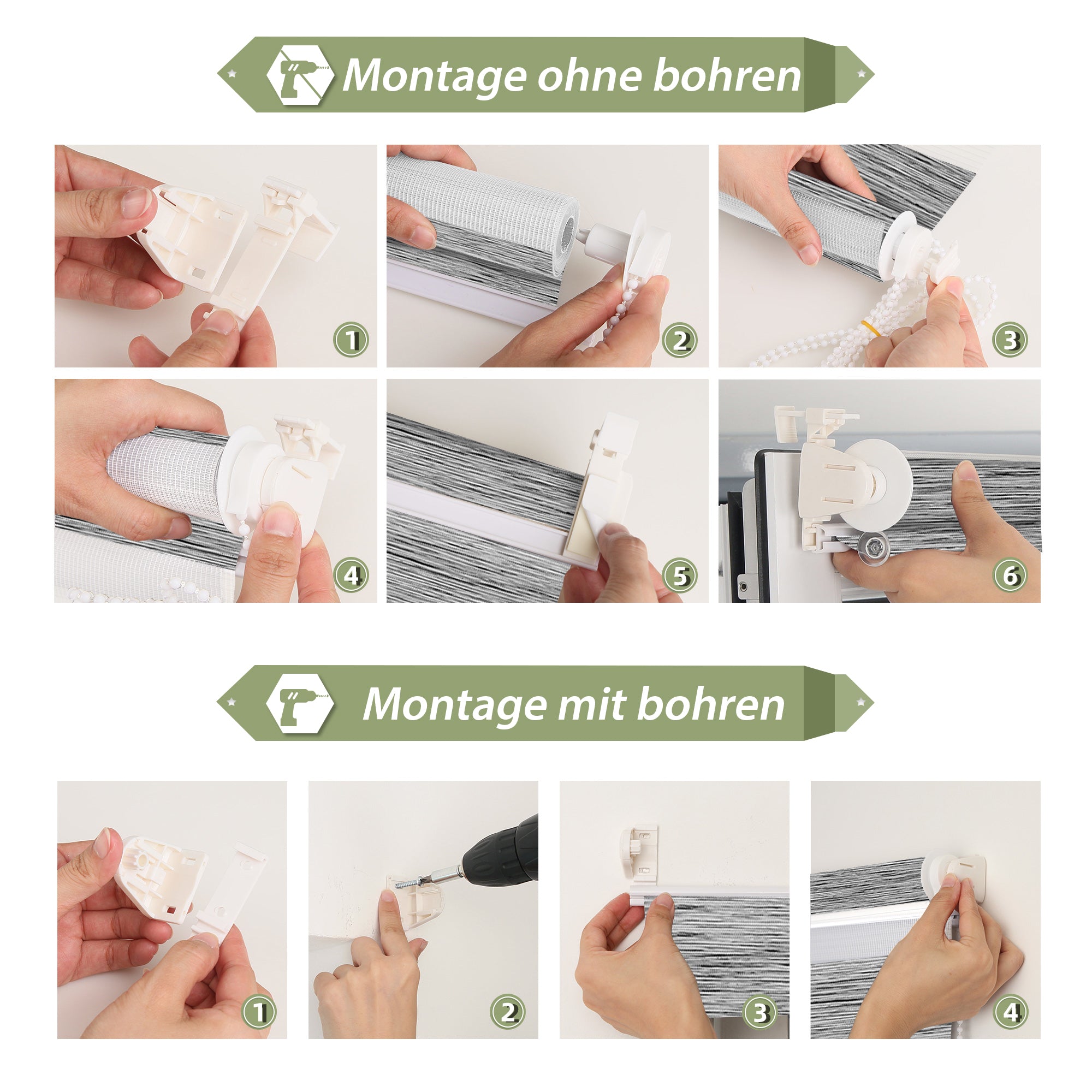 HOMEDEMO Doppelrollo Klemmfix ohne Bohren & mit Bohren, Rollos für Fenster und Tür,Leinen-grau,Weiss-grau-grün,Grün,Leinen