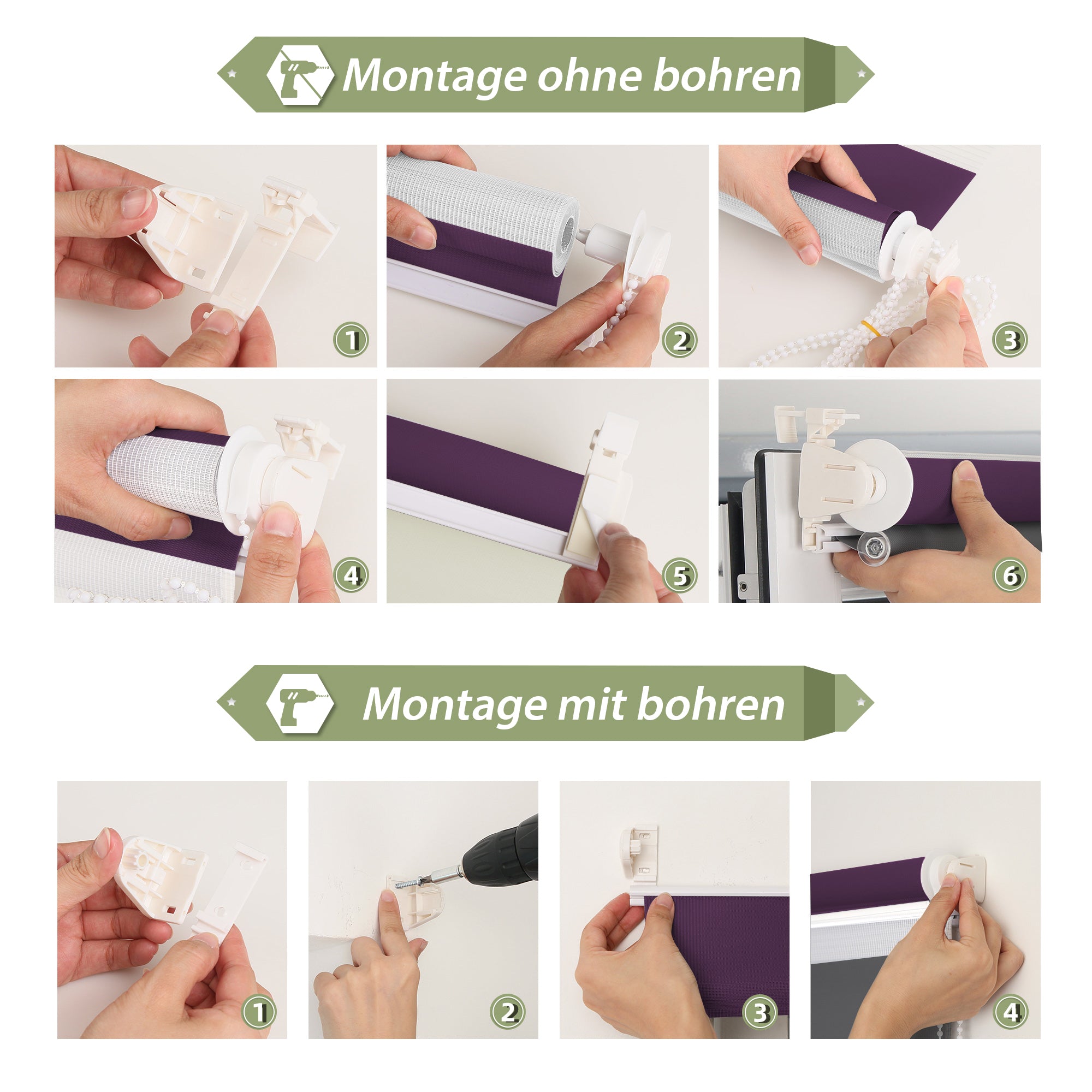 HOMEDEMO Doppelrollo Klemmfix ohne Bohren & mit Bohren, Rollos für Fenster und Tür