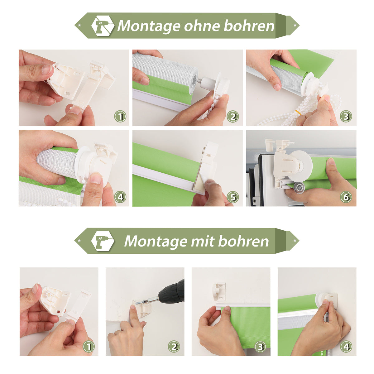HOMEDEMO Doppelrollo Klemmfix ohne Bohren & mit Bohren, Rollos für Fenster und Tür,Leinen-grau,Weiss-grau-grün,Grün,Leinen