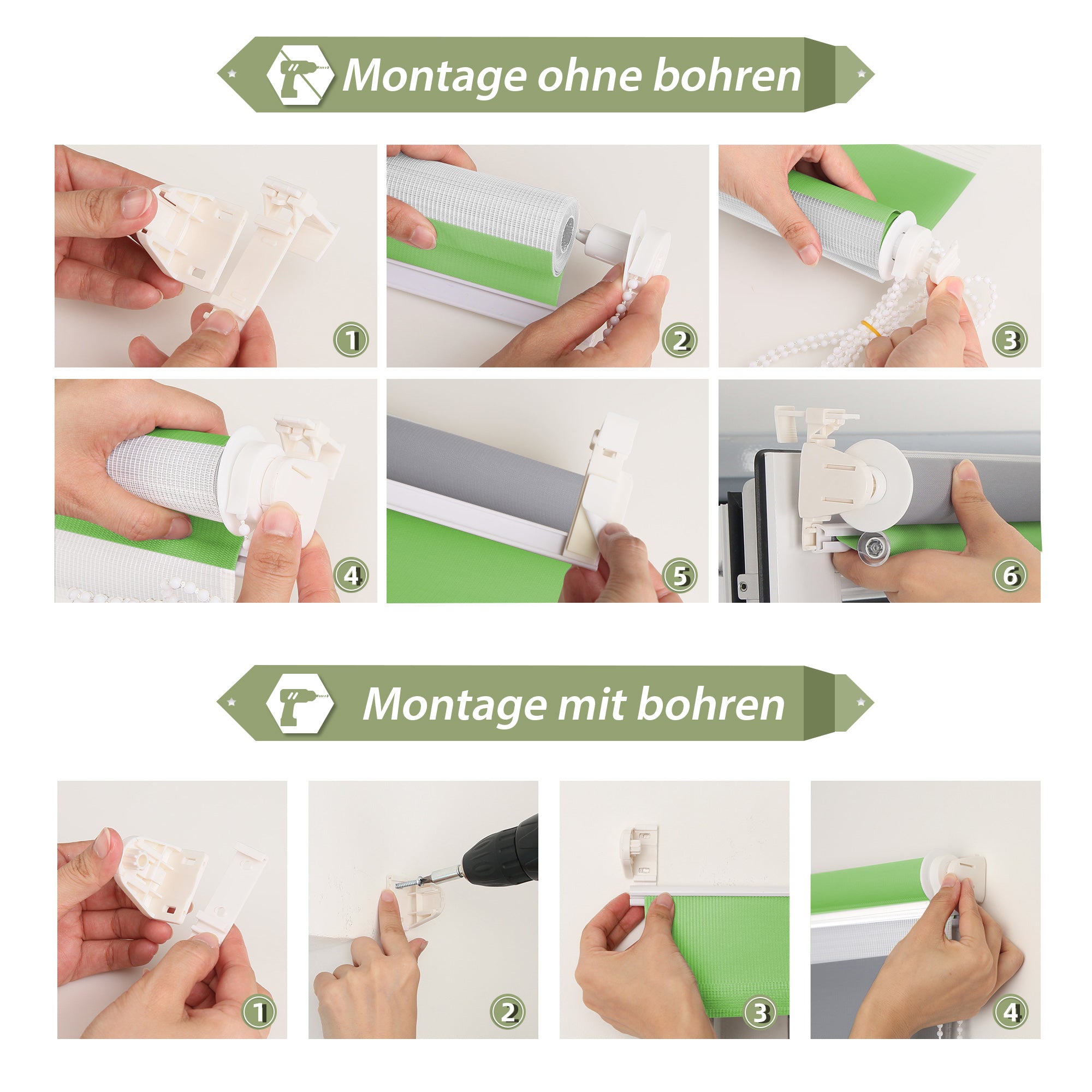 HOMEDEMO Doppelrollo Klemmfix ohne Bohren & mit Bohren, Rollos für Fenster und Tür,Leinen-grau,Weiss-grau-grün,Grün,Leinen
